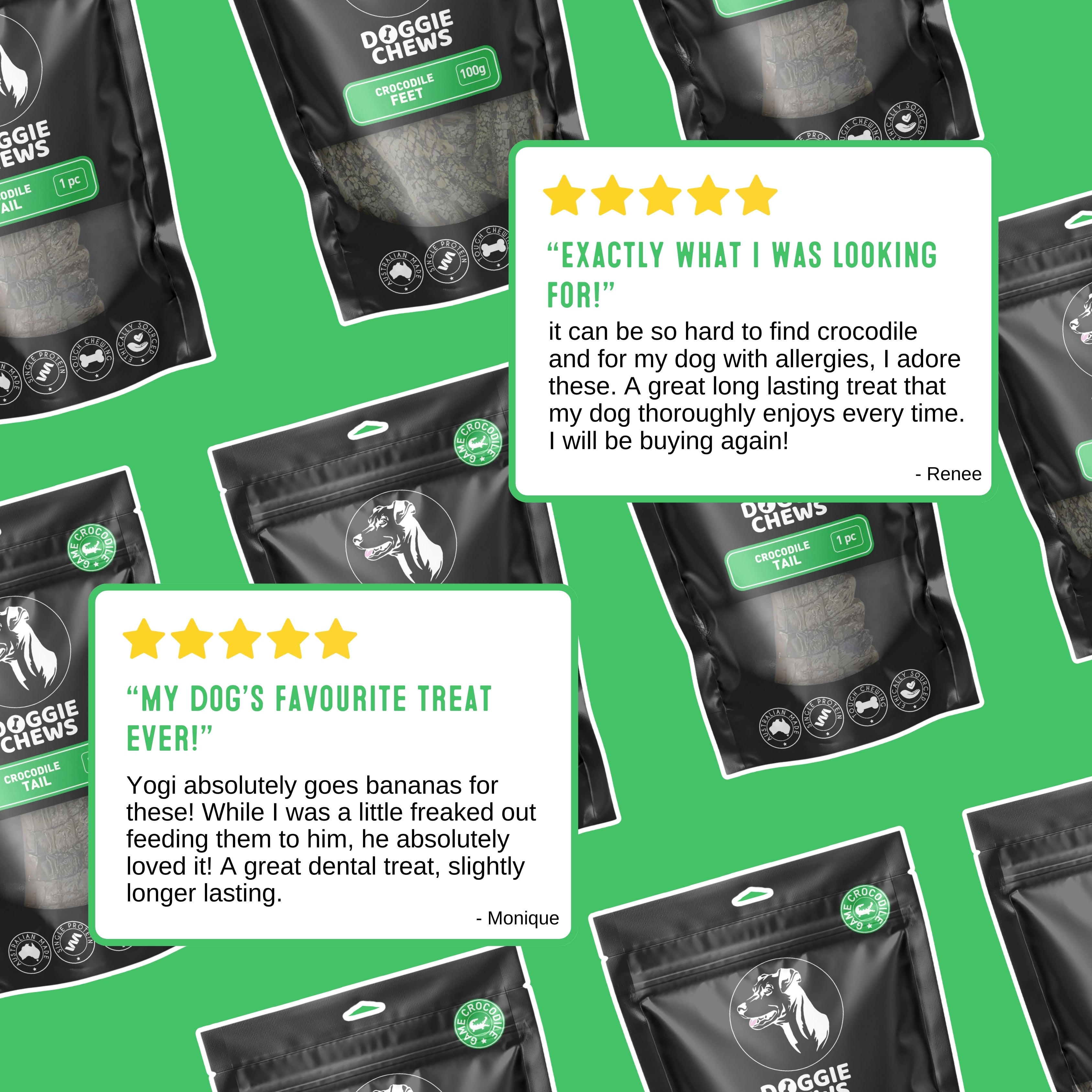 Customer reviews praising crocodile dog treats Australia for being durable tasty and allergy friendly