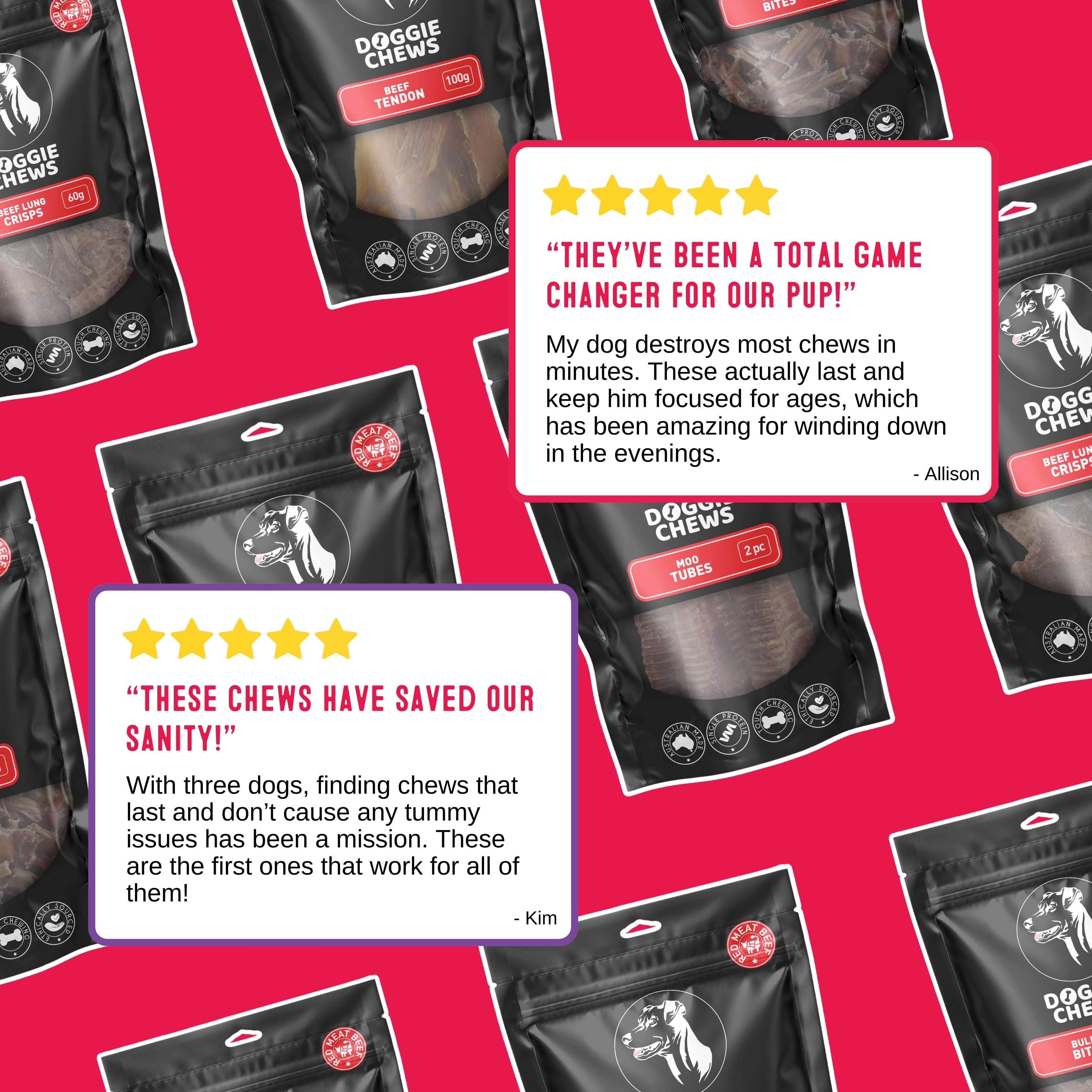 Customer reviews praising moo tubes dog treats as durable healthy long lasting chews