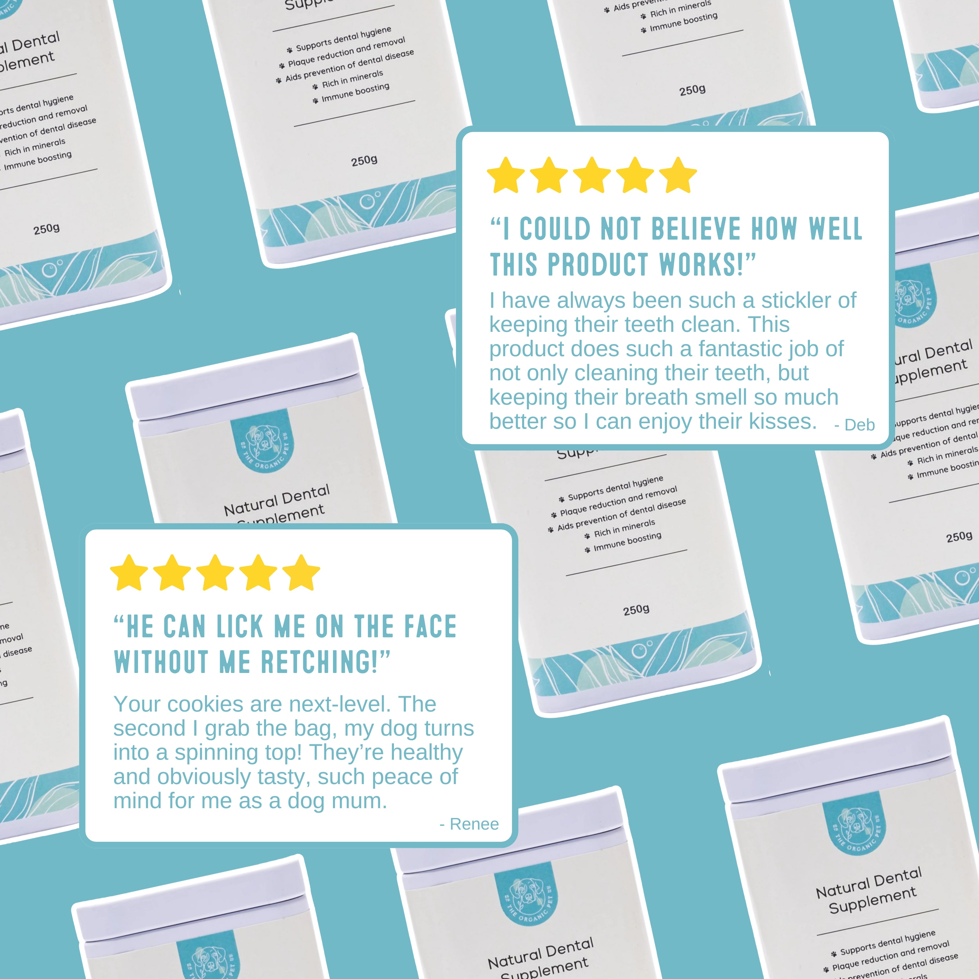Customer reviews praising natural dental supplement for dogs for cleaner teeth and fresher breath