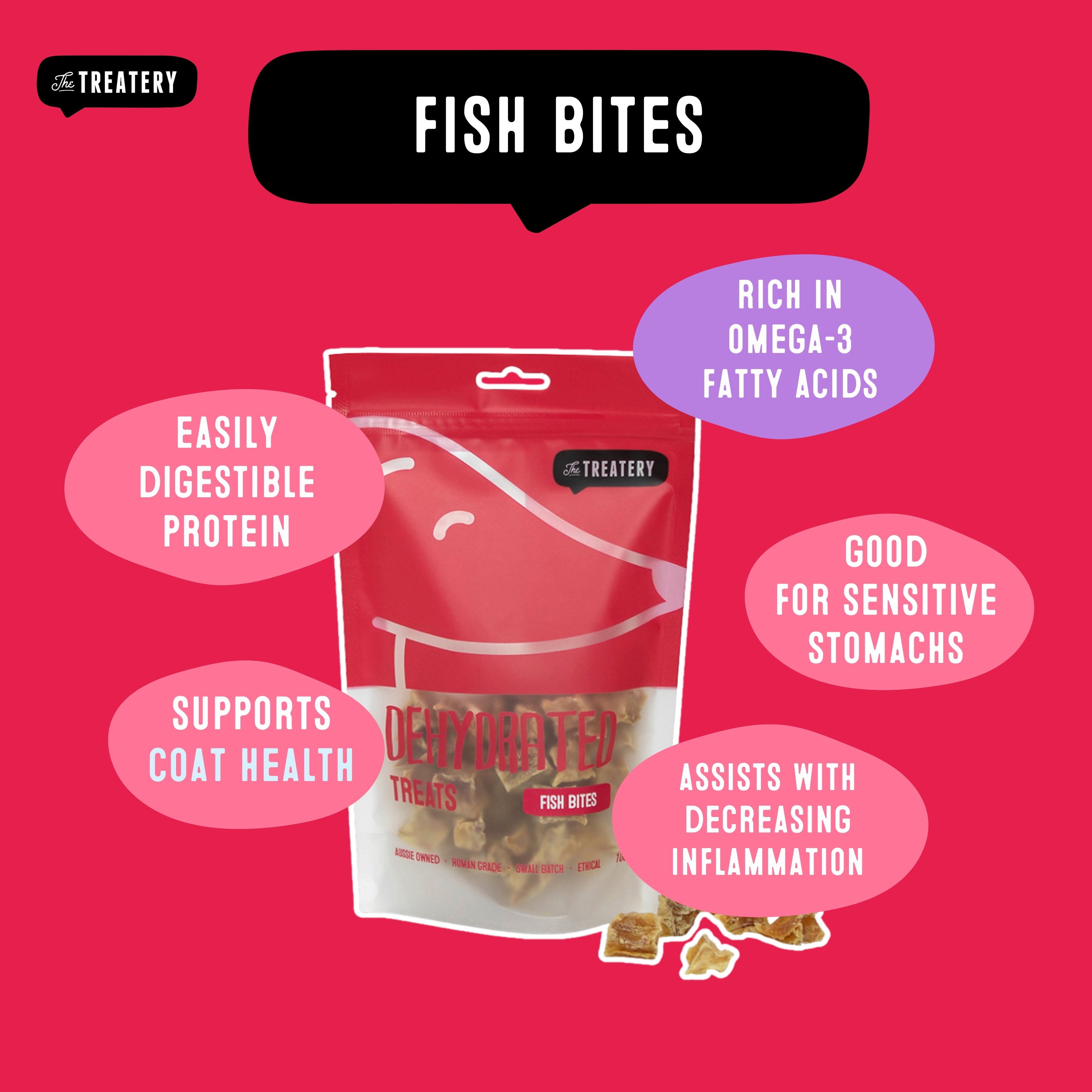 Dehydrated fish treats for dogs rich in omega-3 fatty acids.