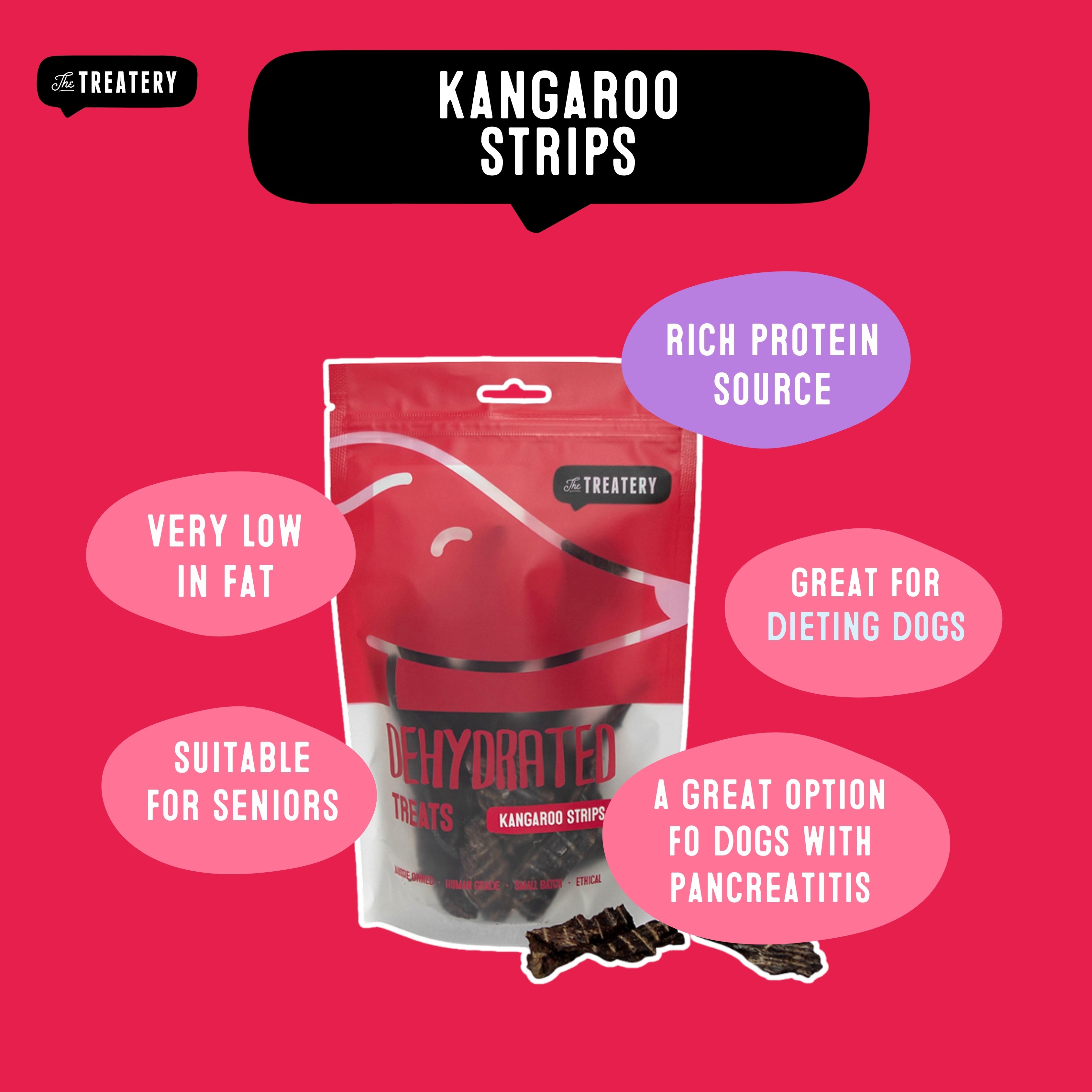 Dehydrated kangaroo strips dog food made with kangaroo meat, low-fat natural protein treat.
