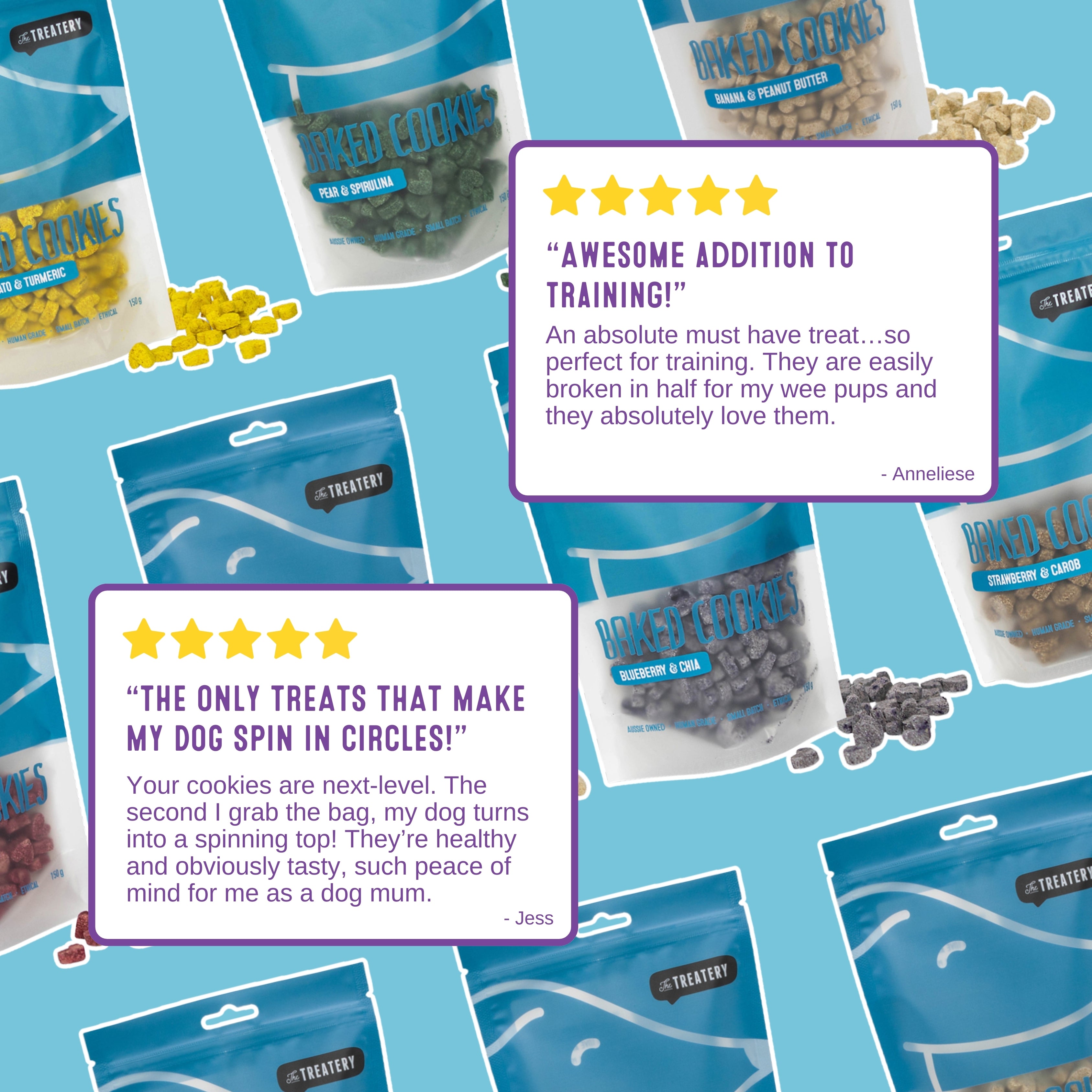 Dog treats packaging with customer reviews on a blue background