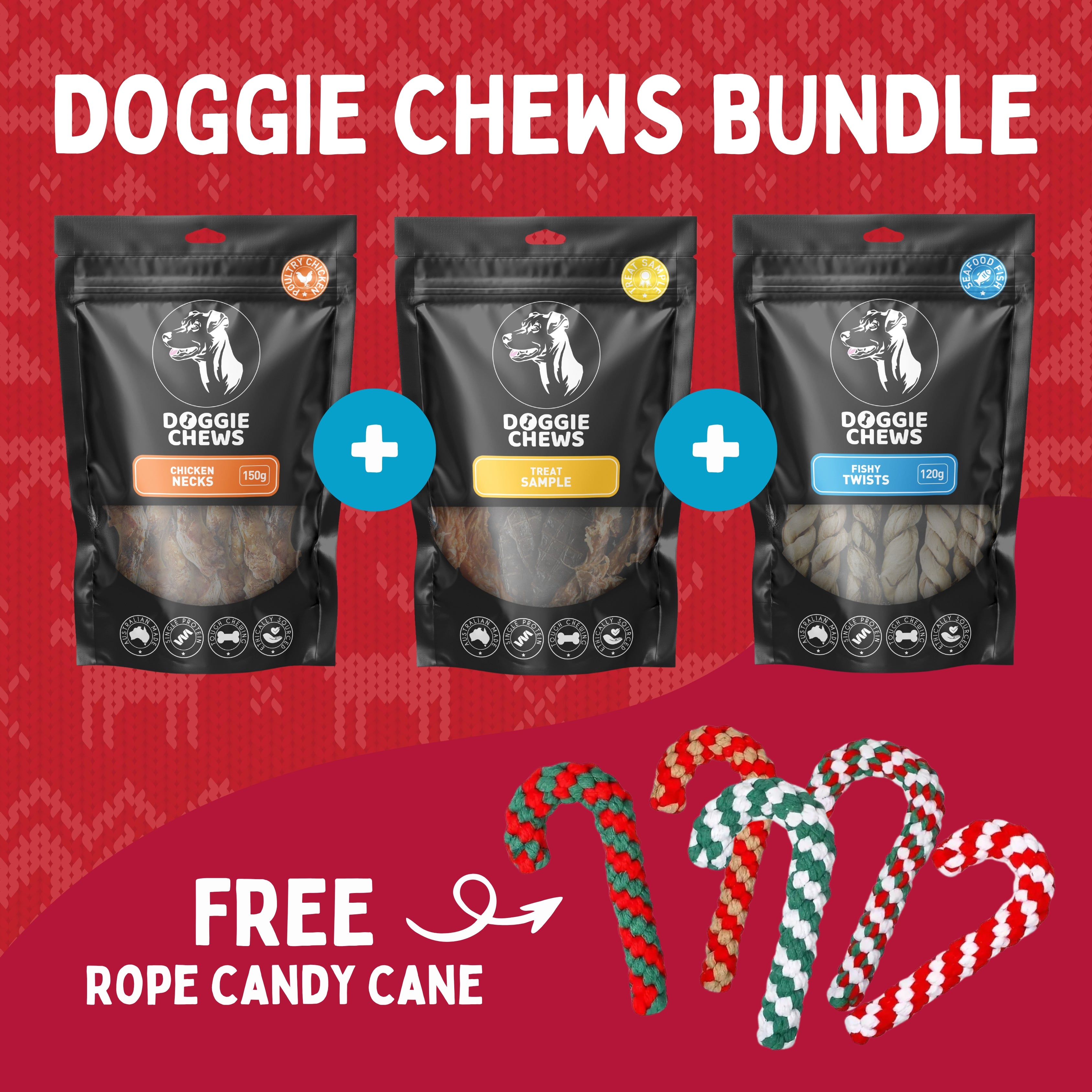 Christmas Doggie Chews Treats + FREE Candy Cane Tough Rope Toy (SAVE $12)