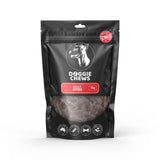 A package of Doggie Chews Bully Bites, featuring a black background with a white silhouette of a dog's head and text that indicates the product is 100% Australian beef, small & mighty, rich in protein, and lean.
