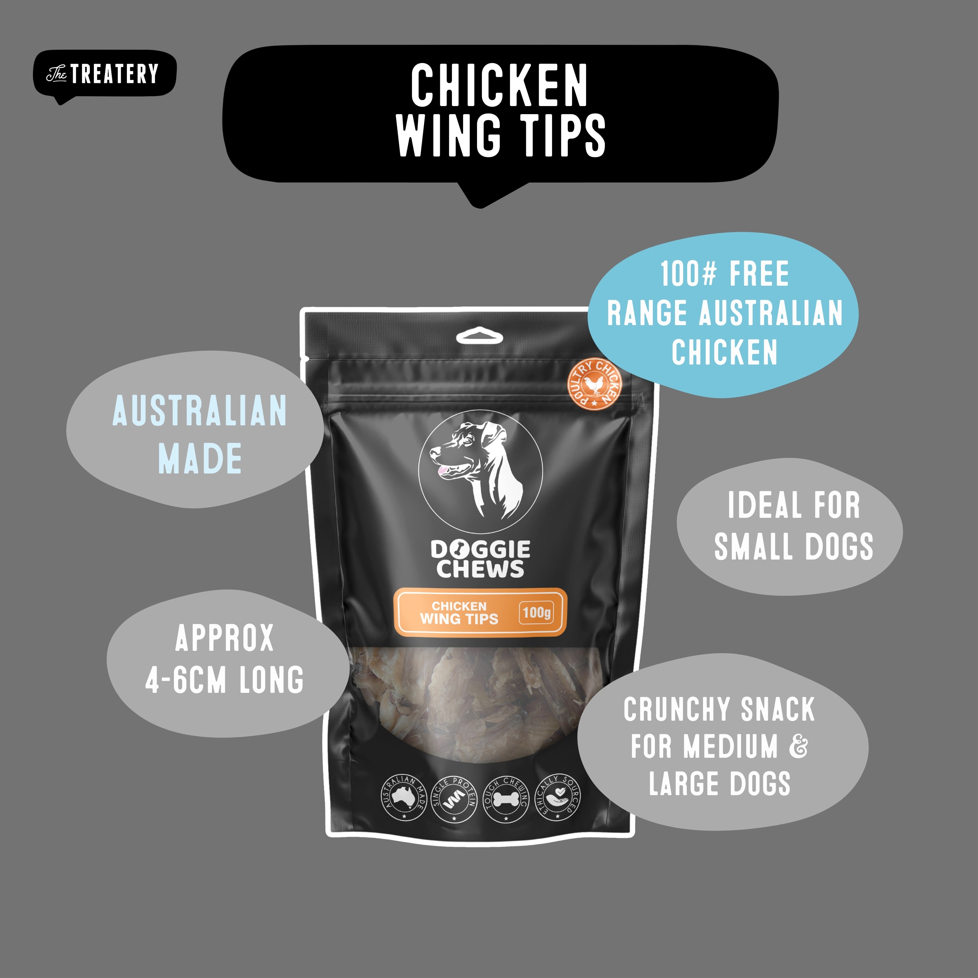 Doggie Chews Chicken Wing Tips high protein treat ideal for small dogs made from Australian chicken.