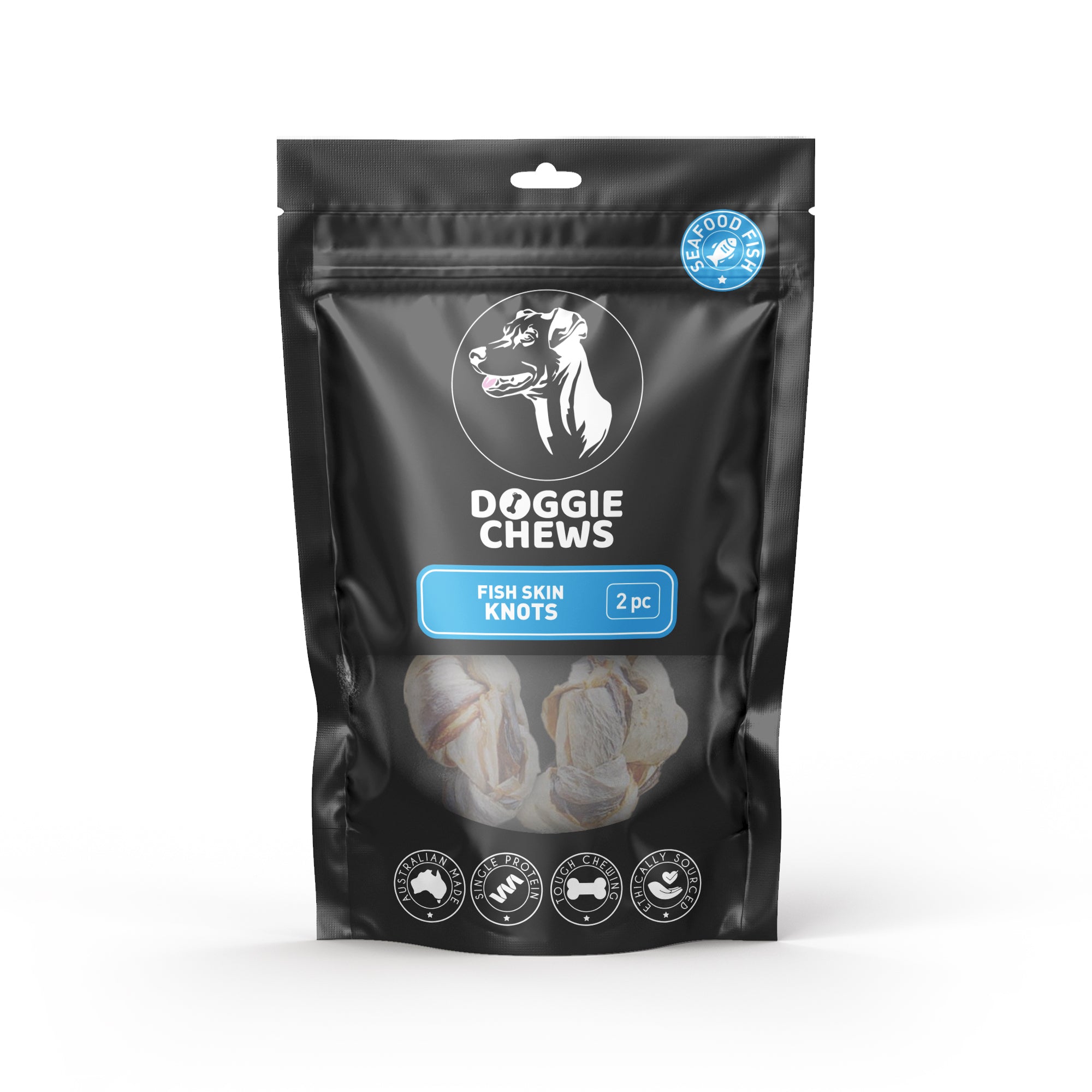 Doggie Chews Fish Skin Knots pack long-lasting single protein dog chew made from seafood fish.