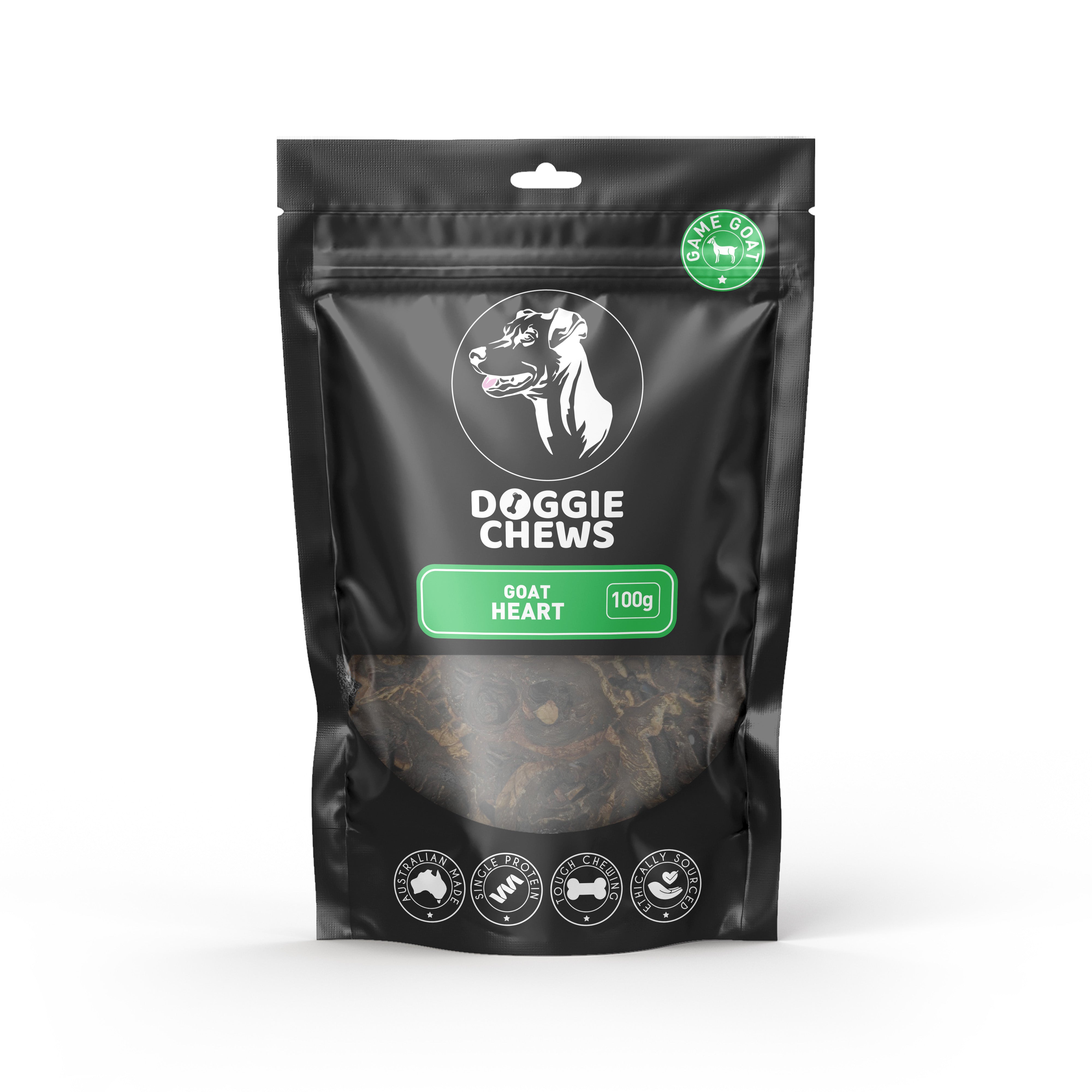 Doggie Chews Goat Heart dog treat made from natural Australian goat single protein for healthy dogs.
