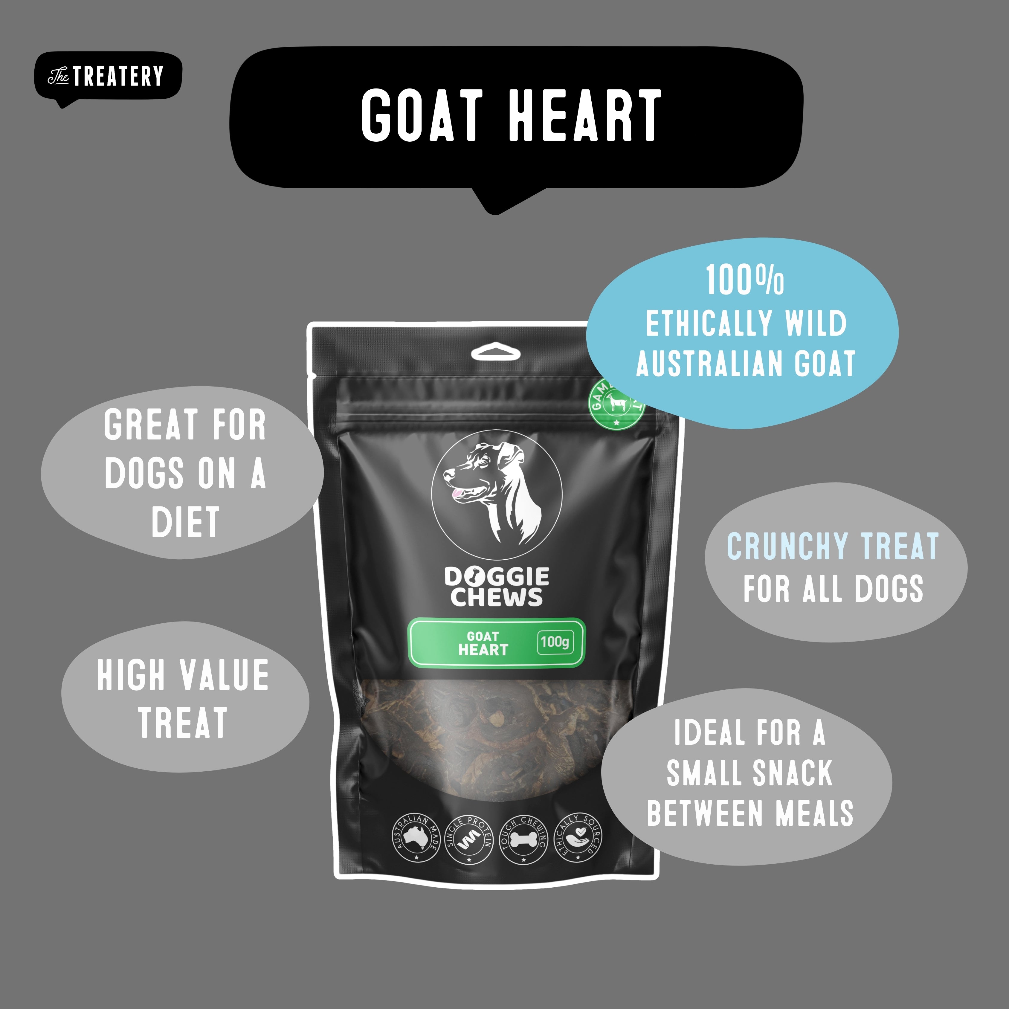 Doggie Chews Goat Heart dog treats ethically sourced from wild Australian goat for all breeds.