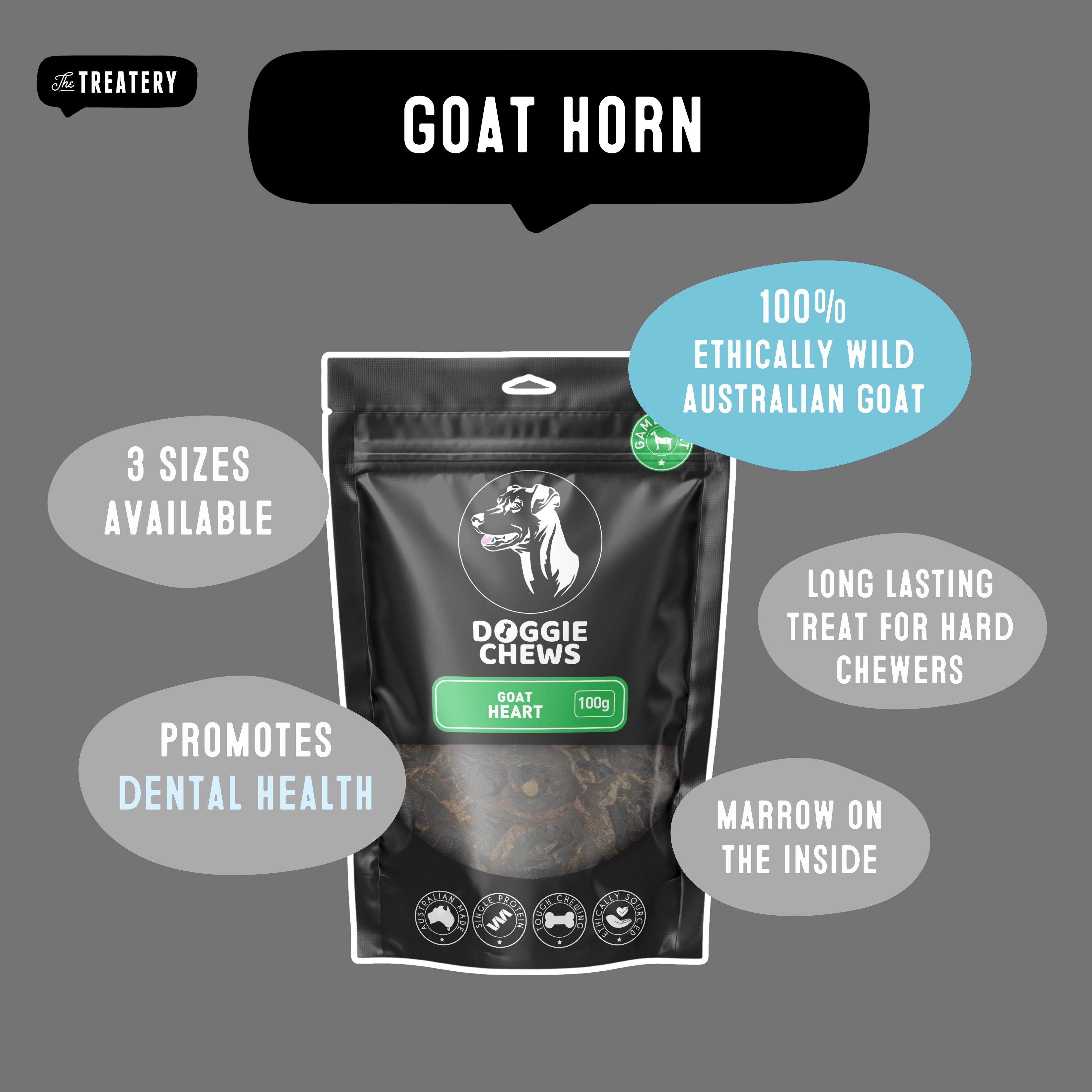 Doggie Chews Goat Horn graphic highlighting long lasting chew promotes dental health and ethically sourced ingredients.