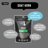 Doggie Chews Goat Horn graphic highlighting long lasting chew promotes dental health and ethically sourced ingredients.