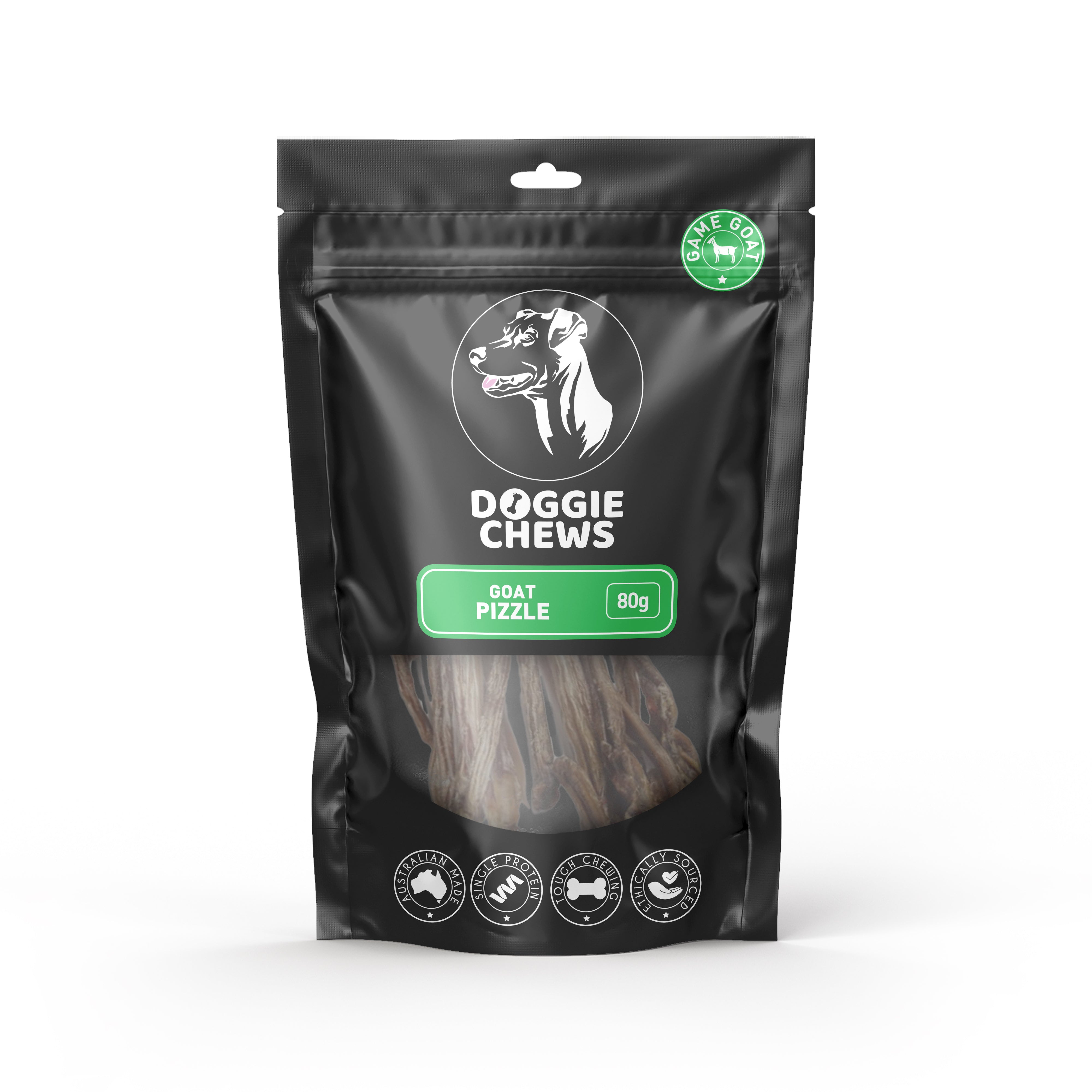 Doggie Chews Goat Pizzle for dogs, 80g single protein natural chew dog treat for healthy teeth.
