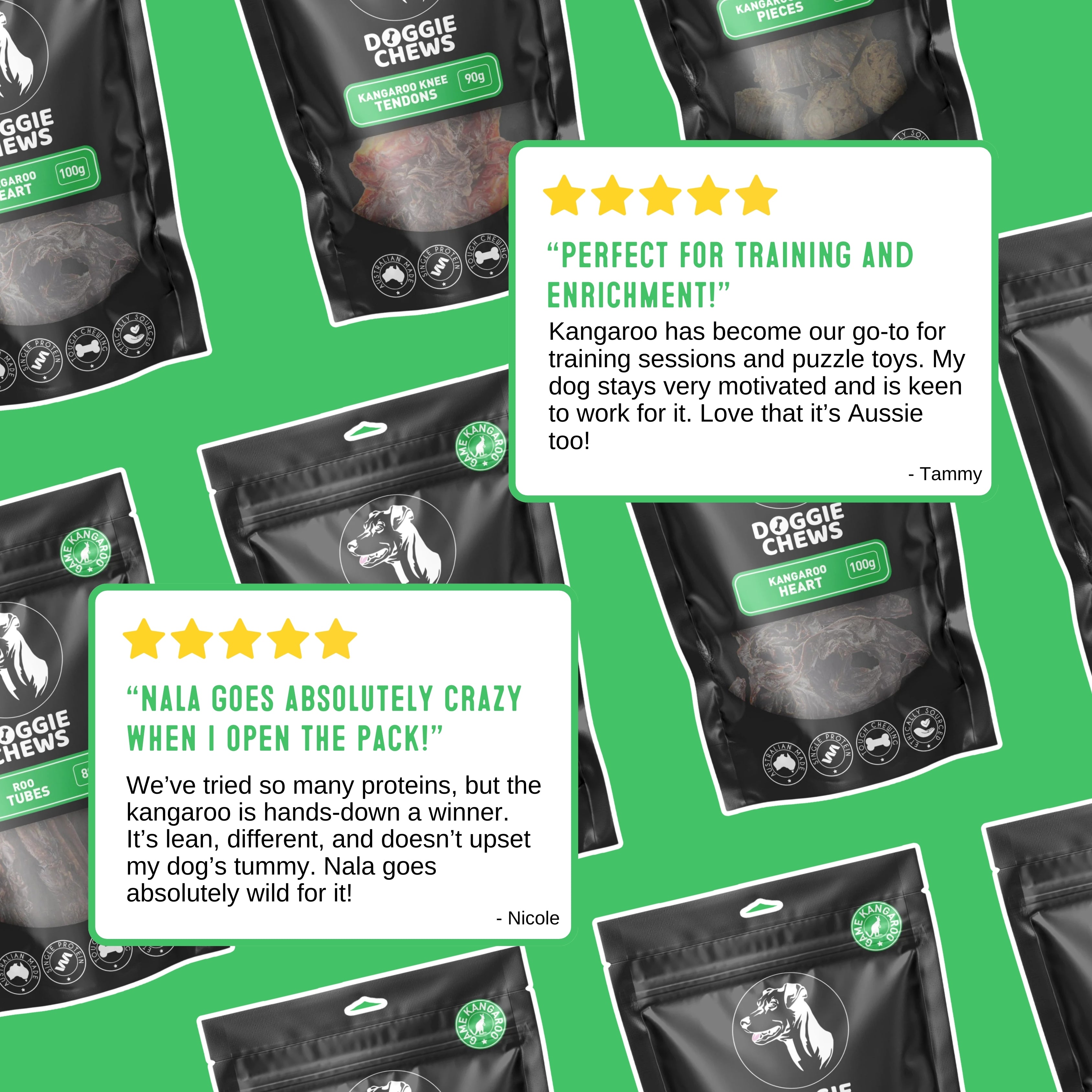 Doggie Chews Kangaroo Tail reviews collage featuring customer testimonials praising taste and training benefits.
