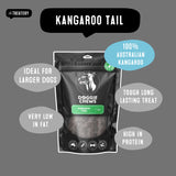 Doggie Chews Kangaroo Tail treat graphic highlighting high protein low fat and long lasting for large dogs.