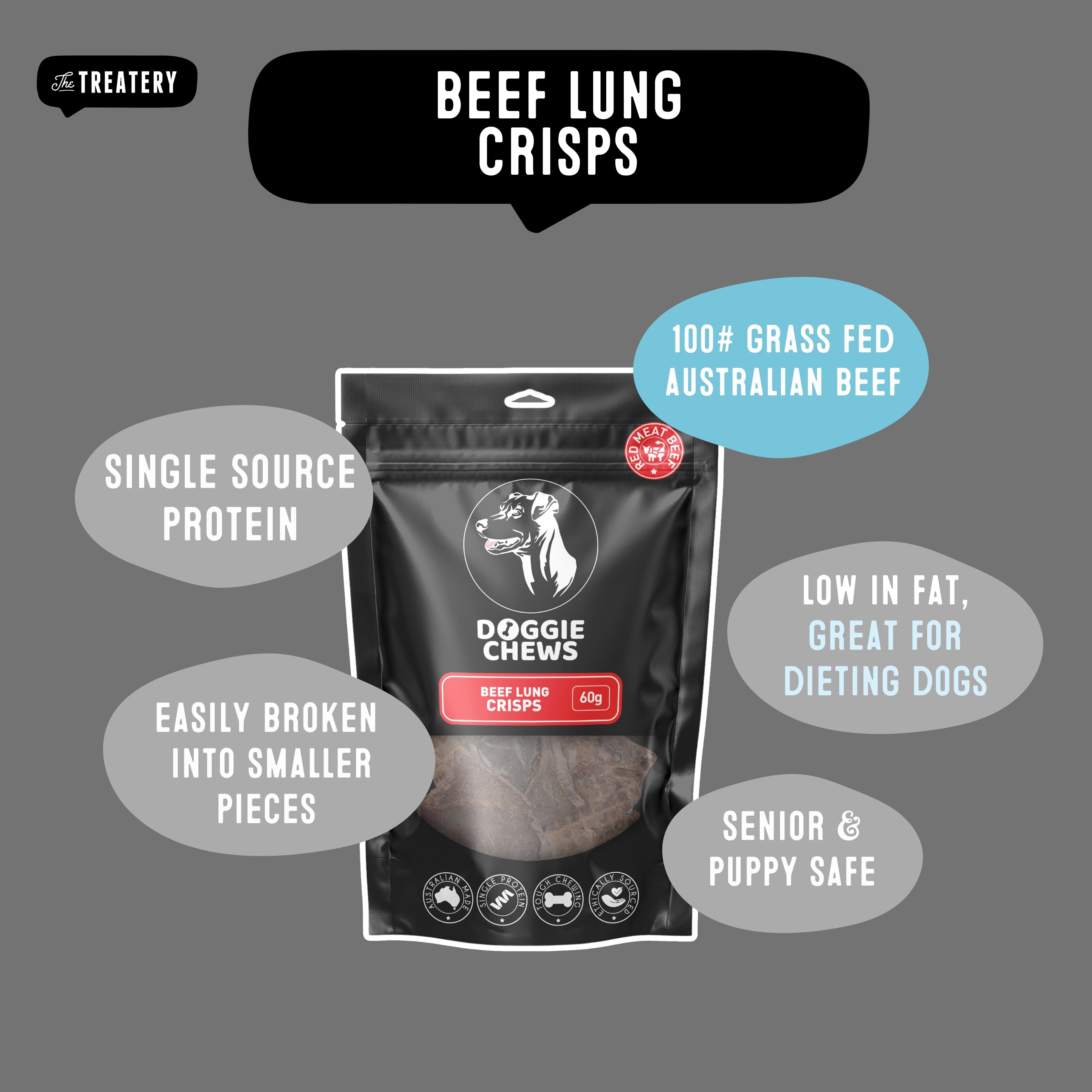 Doggie Chews beef lung crisps dog treats made from single source Australian beef ideal for dieting and senior dogs