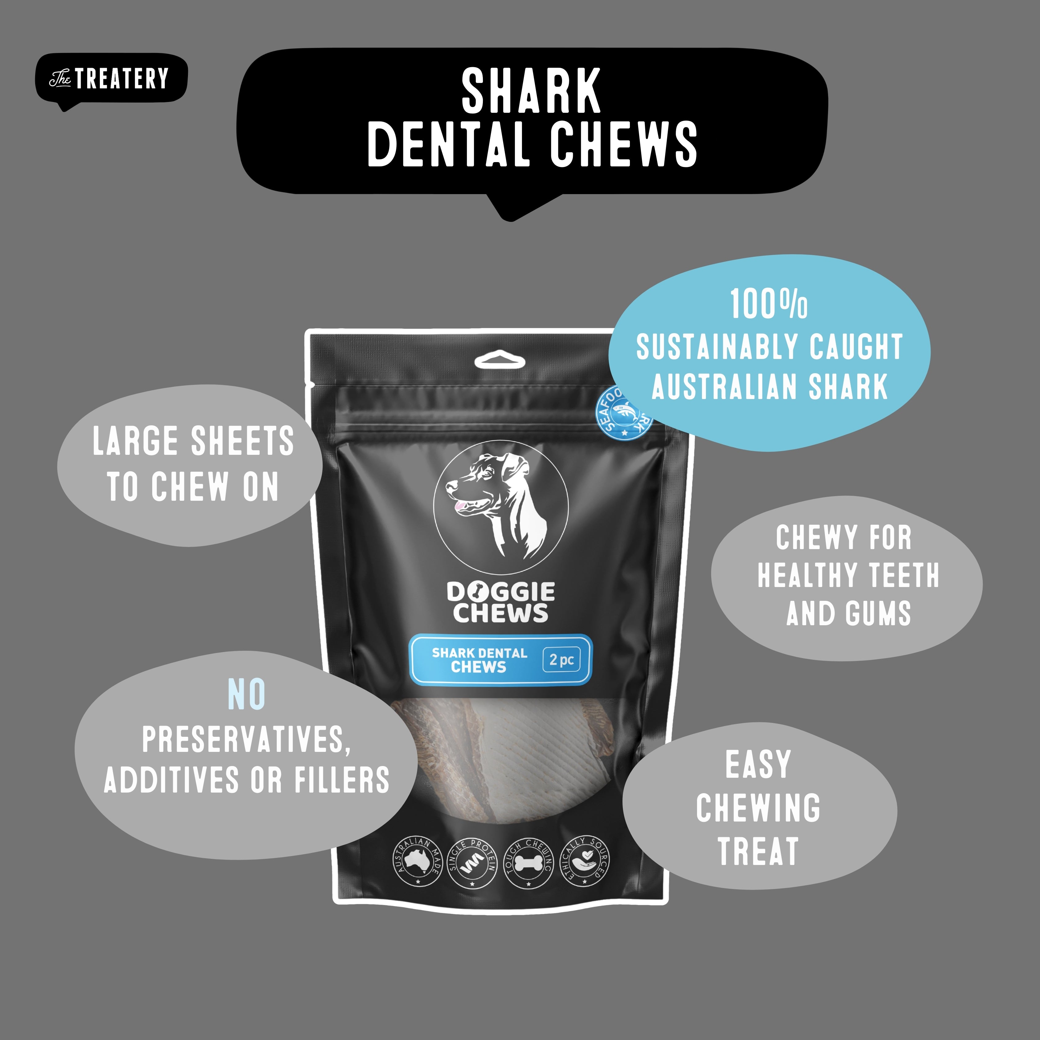 Doggie Chews shark dental chew for dogs made from sustainably caught Australian shark