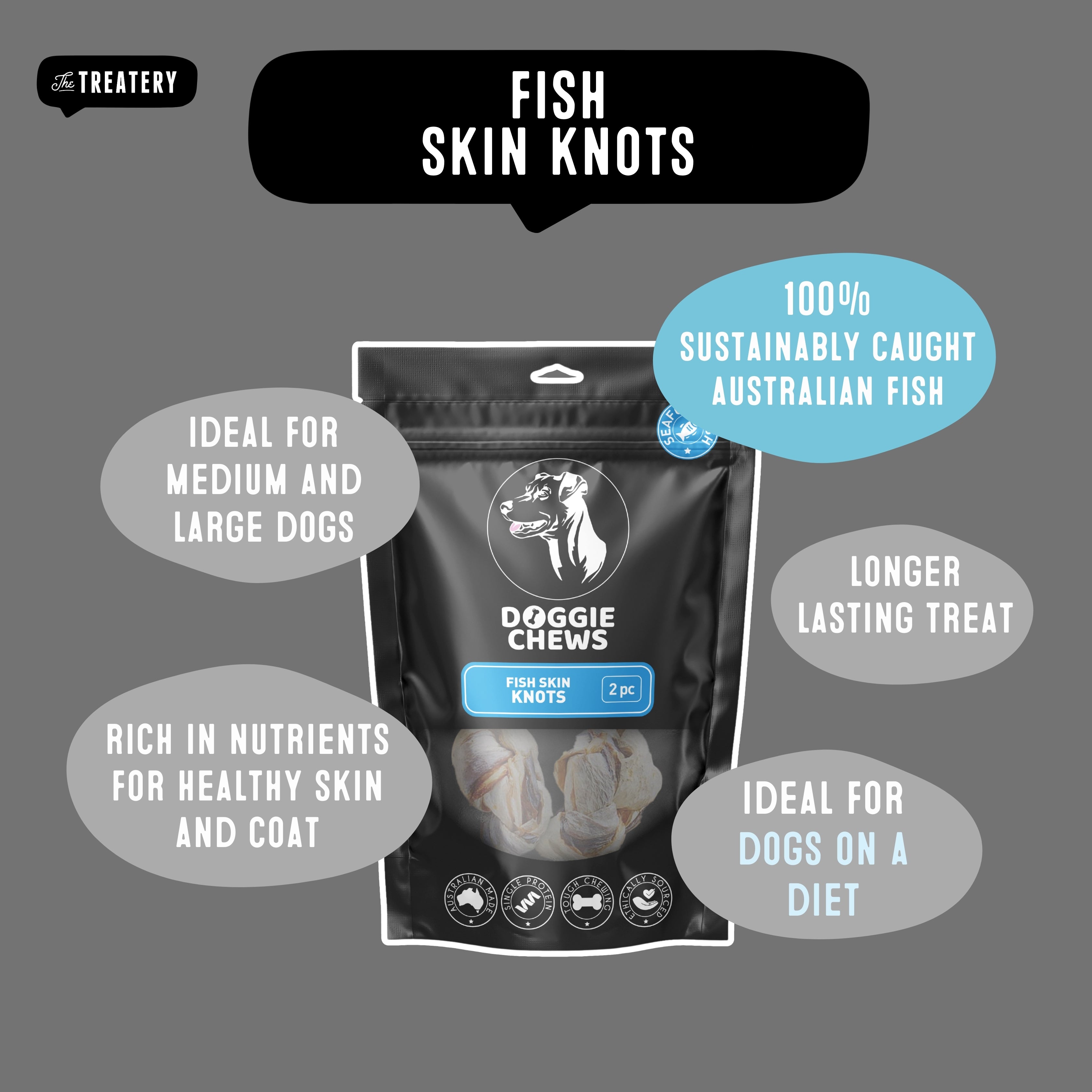 Fish Skin Knots dog chew benefits healthy skin, long-lasting treat, ideal for medium and large dogs.