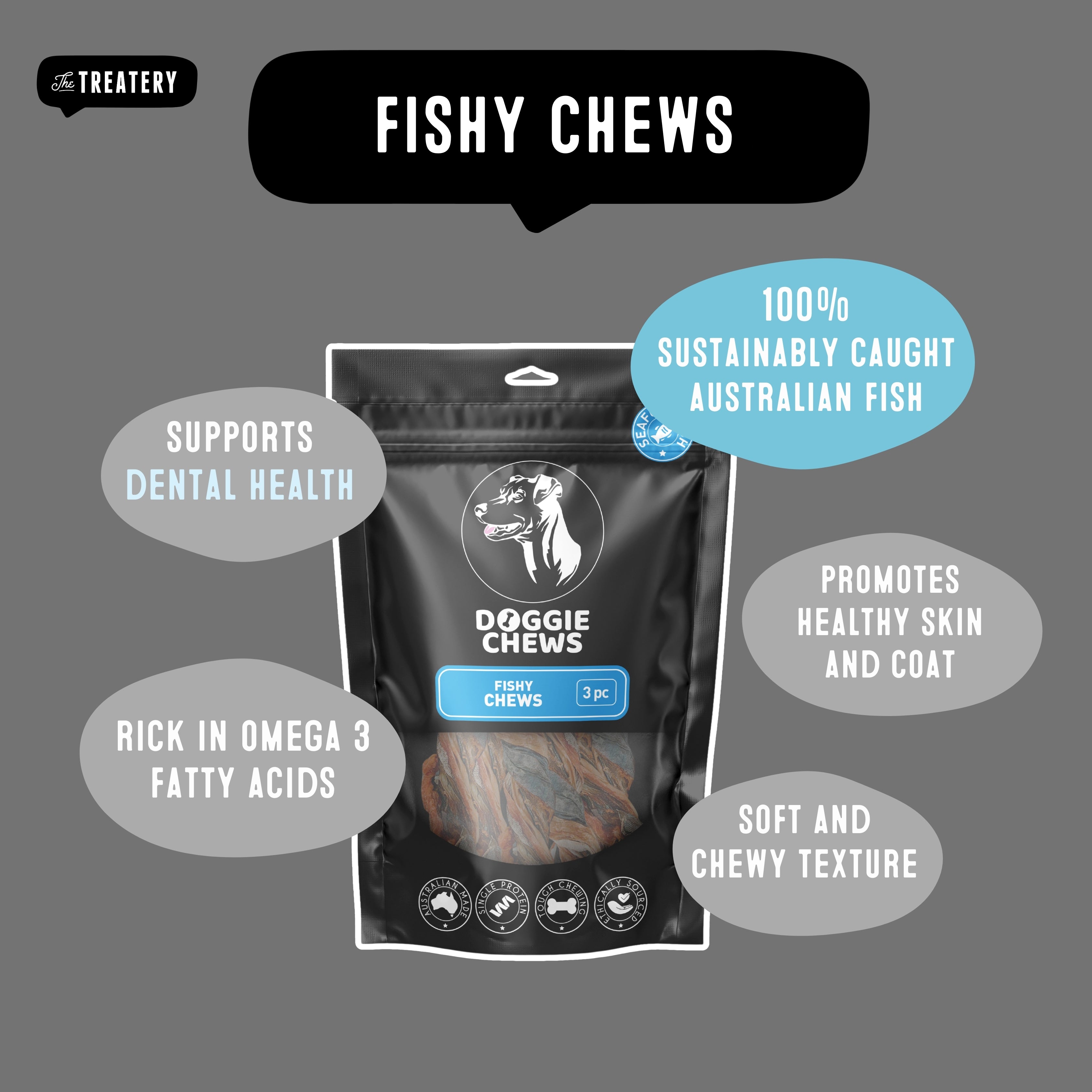 Fish dog chews supporting dental health made from sustainably caught Australian fish