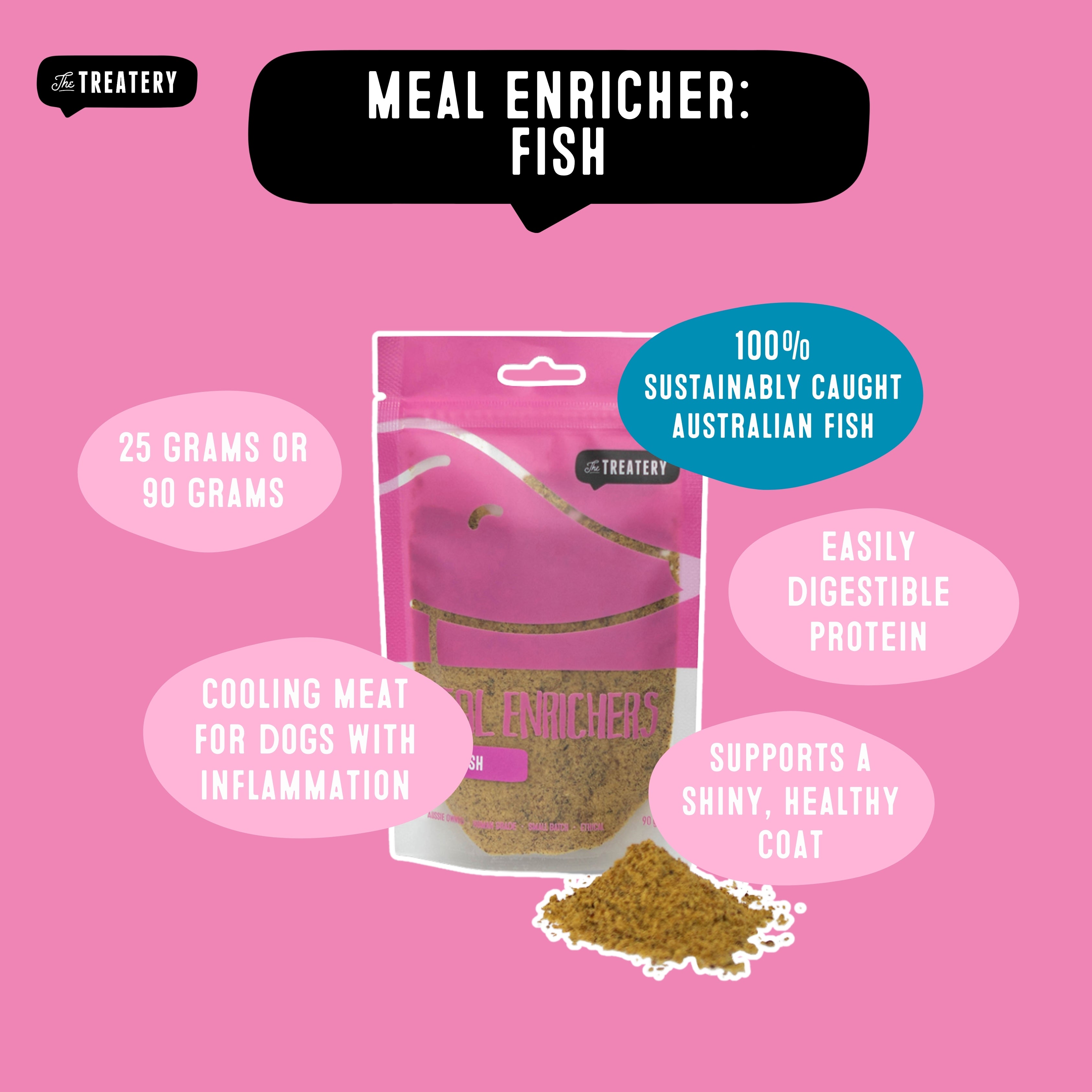 Fish enriched dog food meal topper made from 100 percent Australian fish