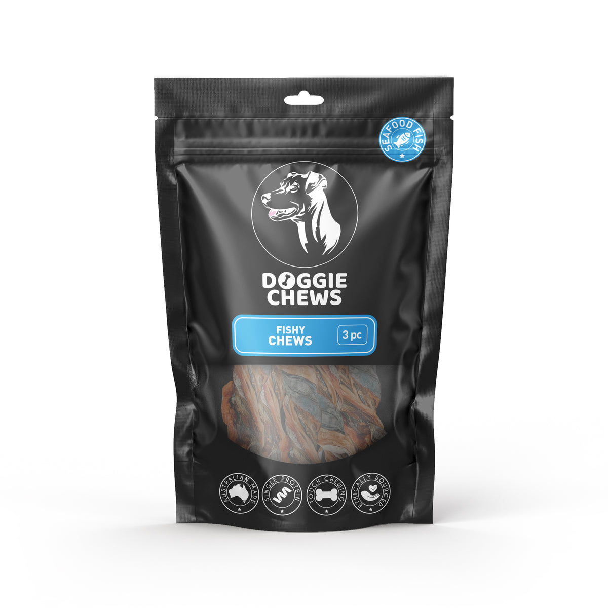 A package of Fishy Chews dog treats from Doggie Chews brand, showing the product inside a transparent window on the package.