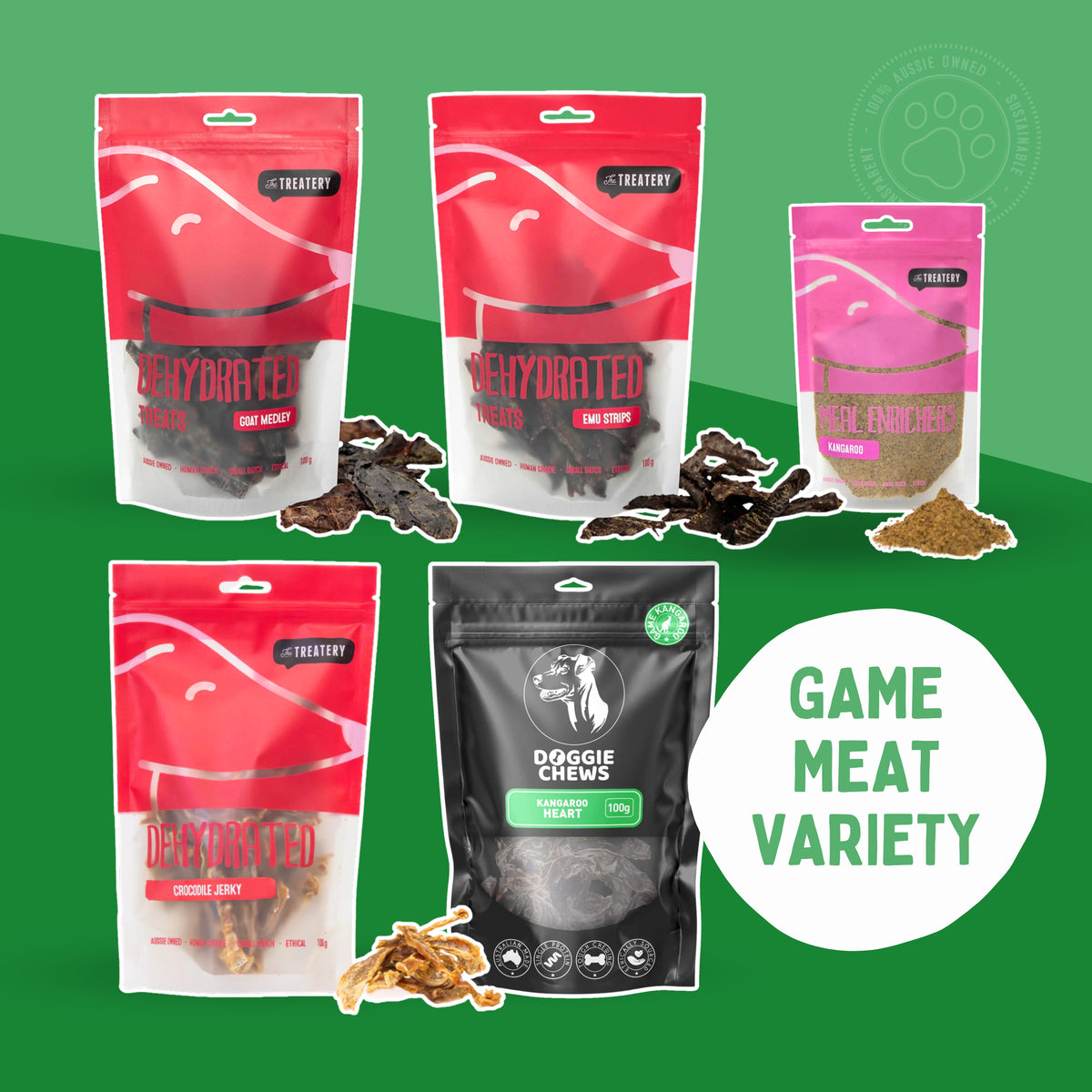 A variety of packaged dog treats, including Emu Strips, Goat Medley, Kangaroo Heart, Crocodile Jerky, and Kangaroo Meal Enricher, arranged on a green background with a 'GAME MEAT VARIETY' label.