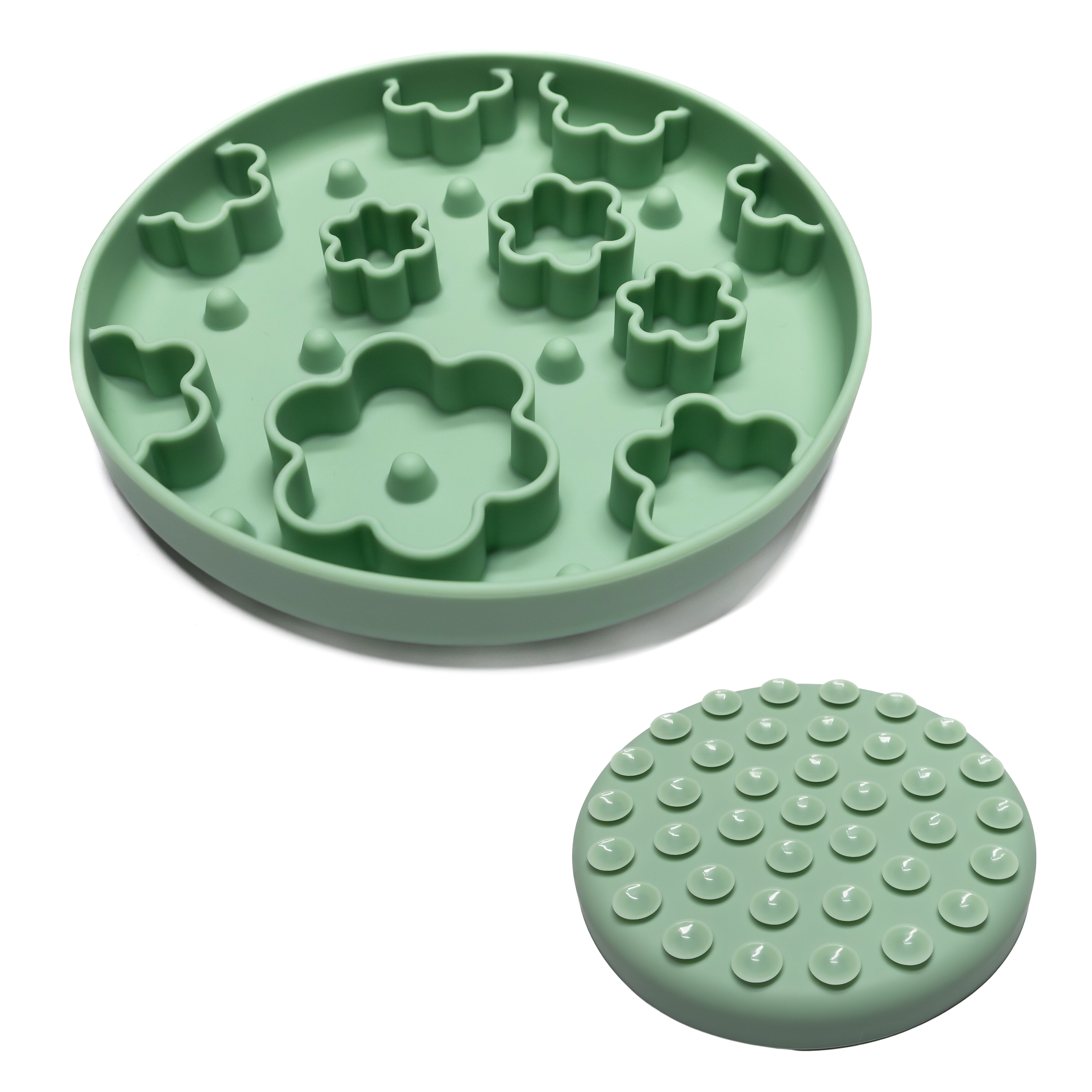 Green Flower Power Slow Feeder Bowl with textured base for lick mat use promoting calm and healthy digestion.
