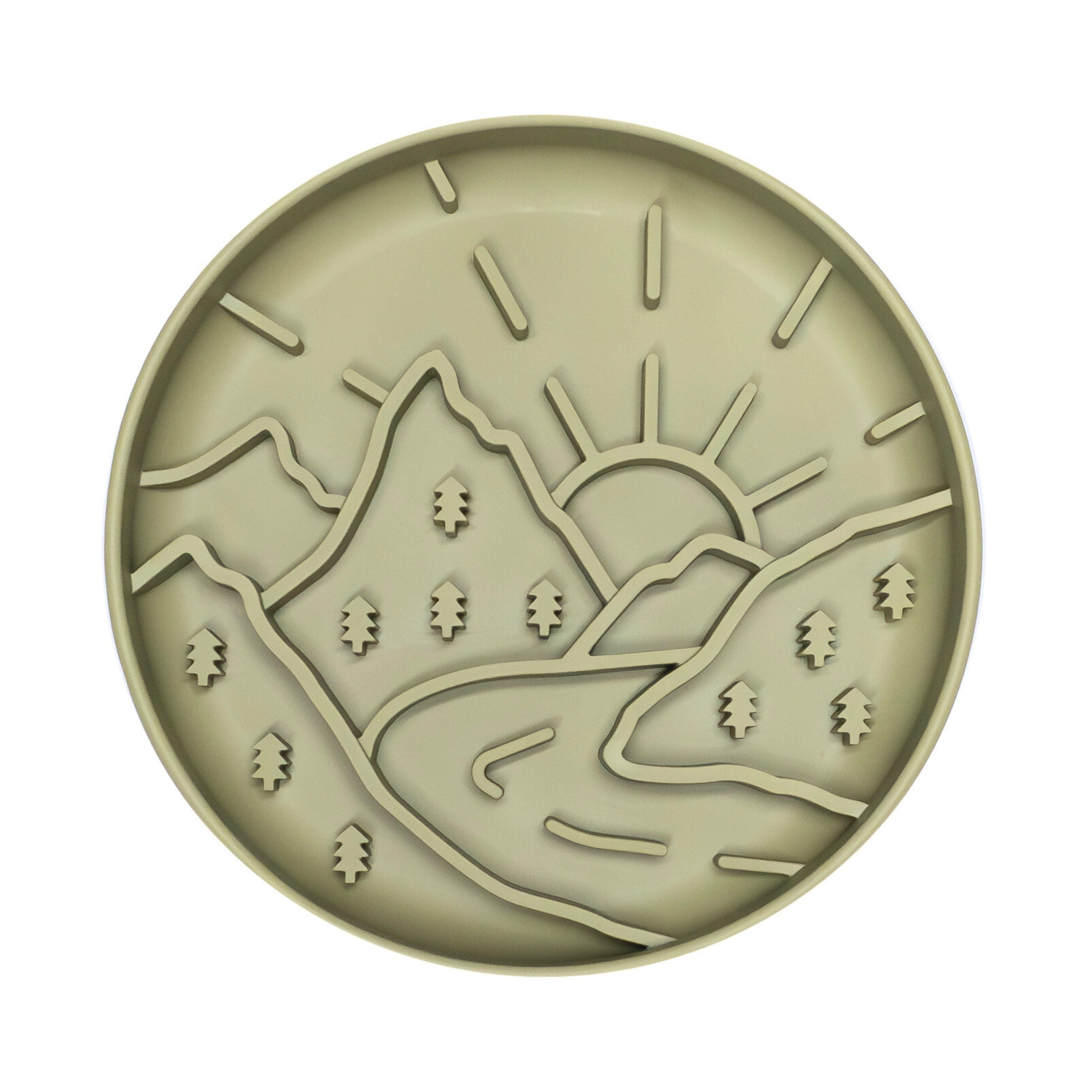 Green Mountain Sunrise Slow Feeder Bowl with mountain and sun design promoting calm feeding and healthy digestion for pets.