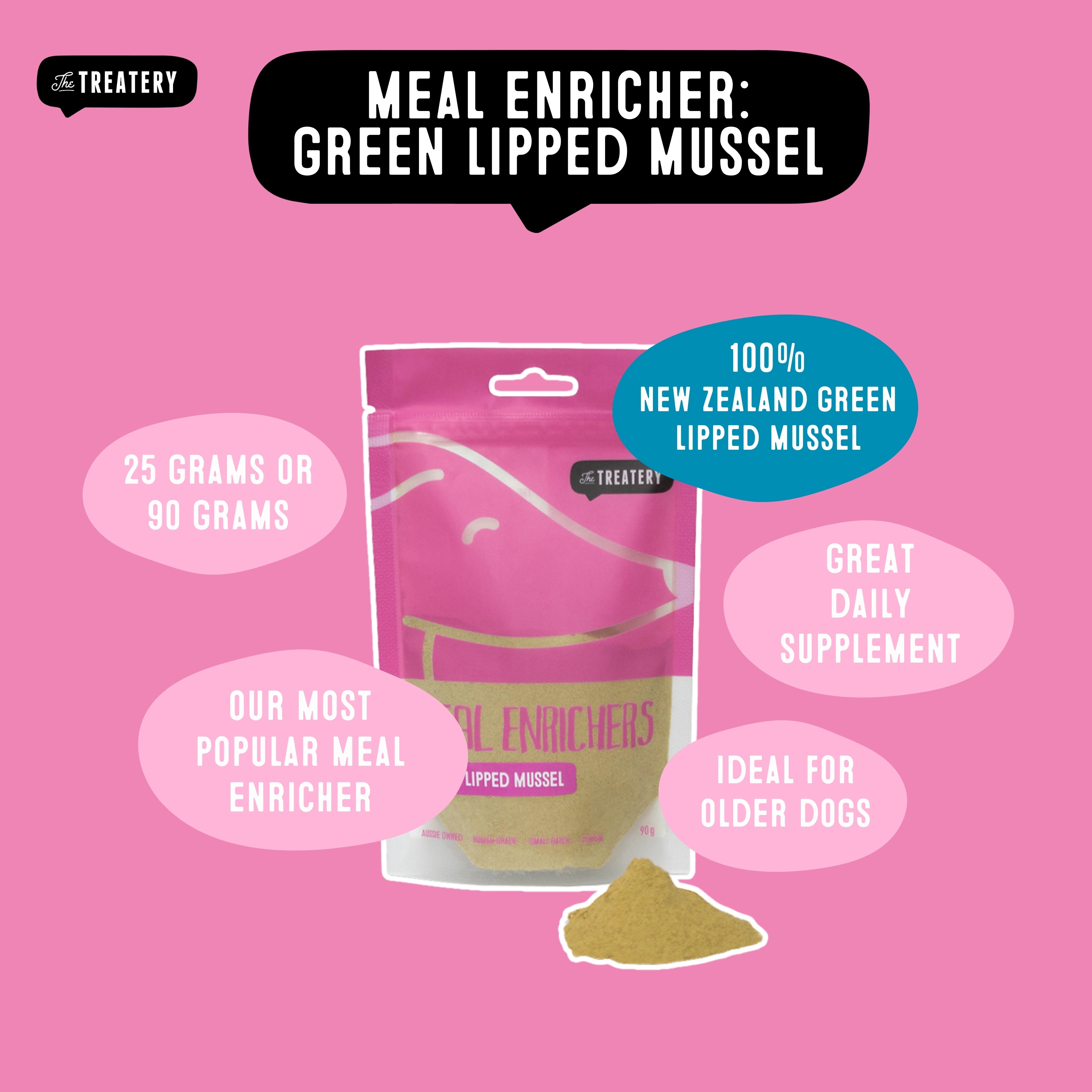 Green lipped mussel meal enricher for dogs made from New Zealand mussels one of the best dog meal toppers