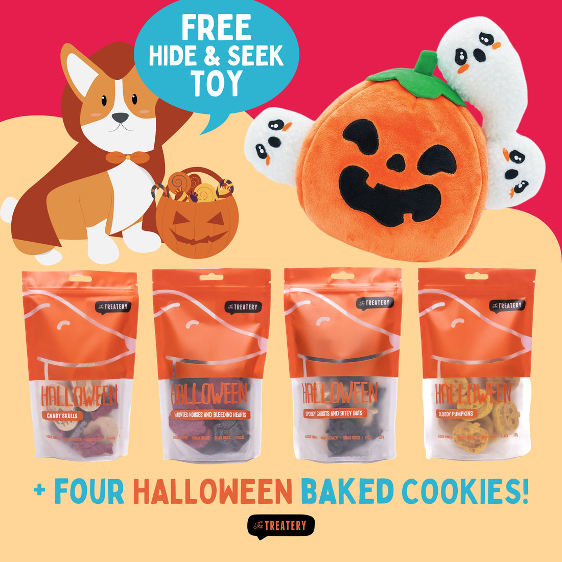 Halloween Cookies Dog Treats Bundle + Pumpkin Plush Hide and Seek Toy (Save $35)