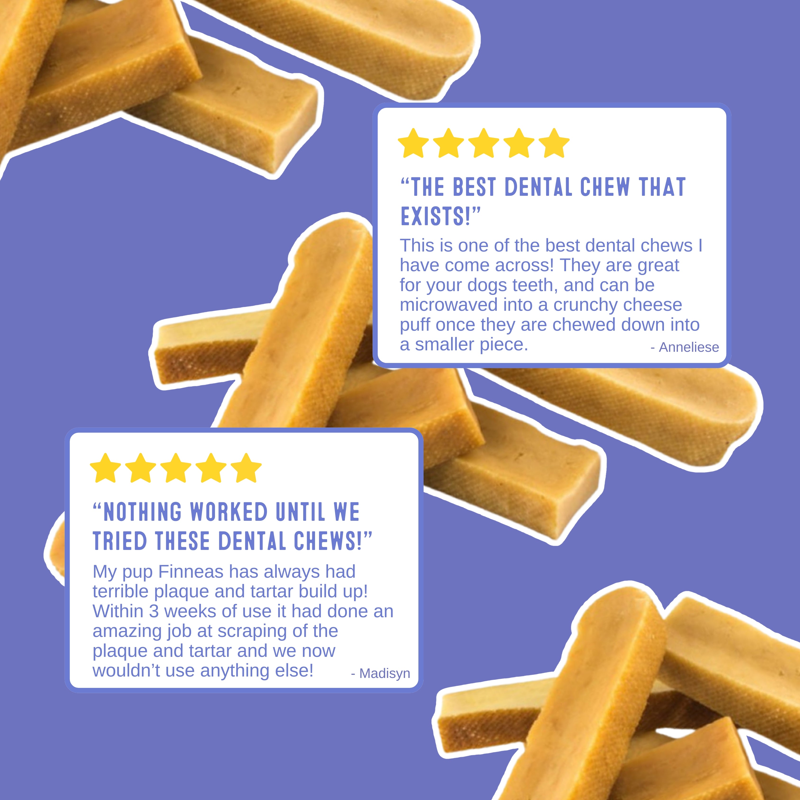 Happy customer reviews for Himalayan dog chew, best cheese dental treat for dogs.