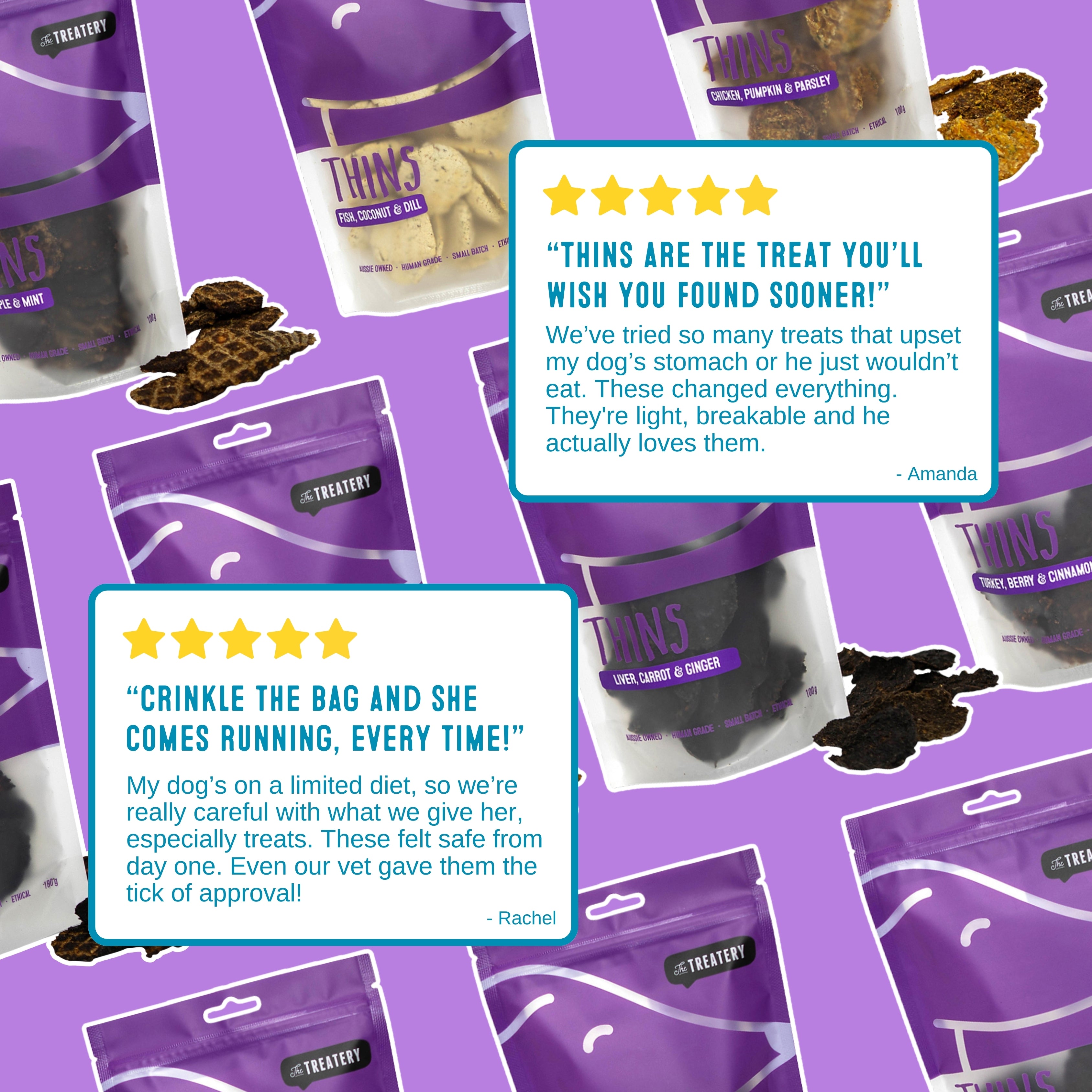 Happy customer reviews for beef beetroot and basil thins the best dog treats loved by dogs and trusted by owners