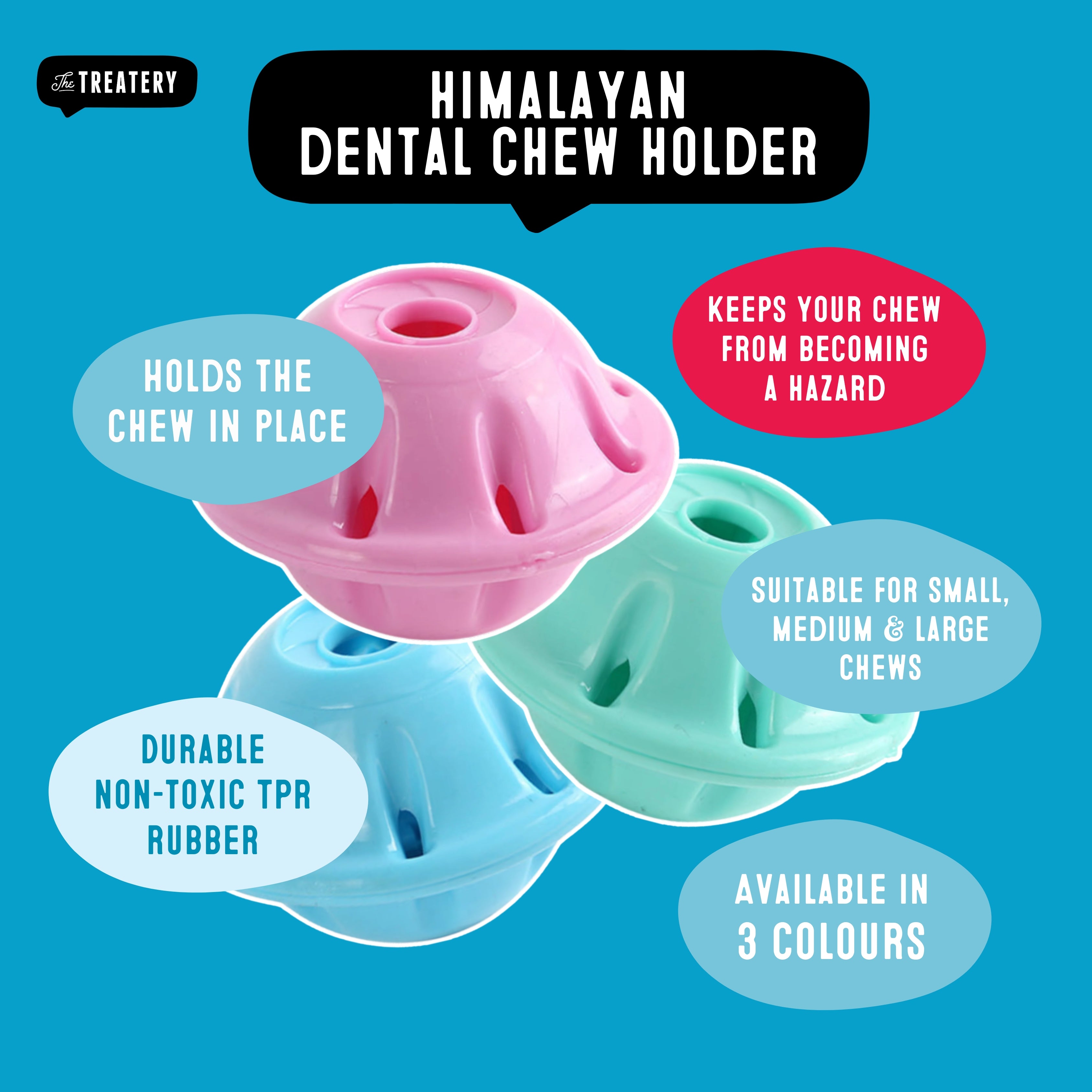 Himalayan dental chew holder with pink, blue, and green colors on a blue background.