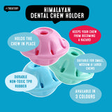 Himalayan dental chew holder with pink, blue, and green colors on a blue background.