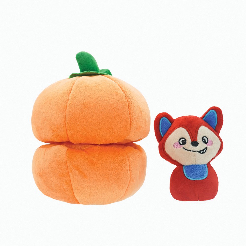 HugSmart Fruity Critterz Plush Pumpkin Toy with detachable fox squeaky toy.