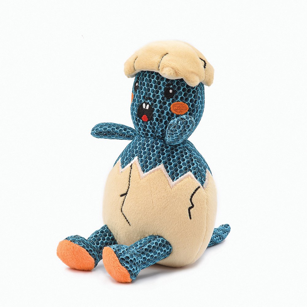HugSmart Fuzzy Friendz Dinosaur Egg Plush Dog Toy, soft squeaky dinosaur plush toy for dogs.
