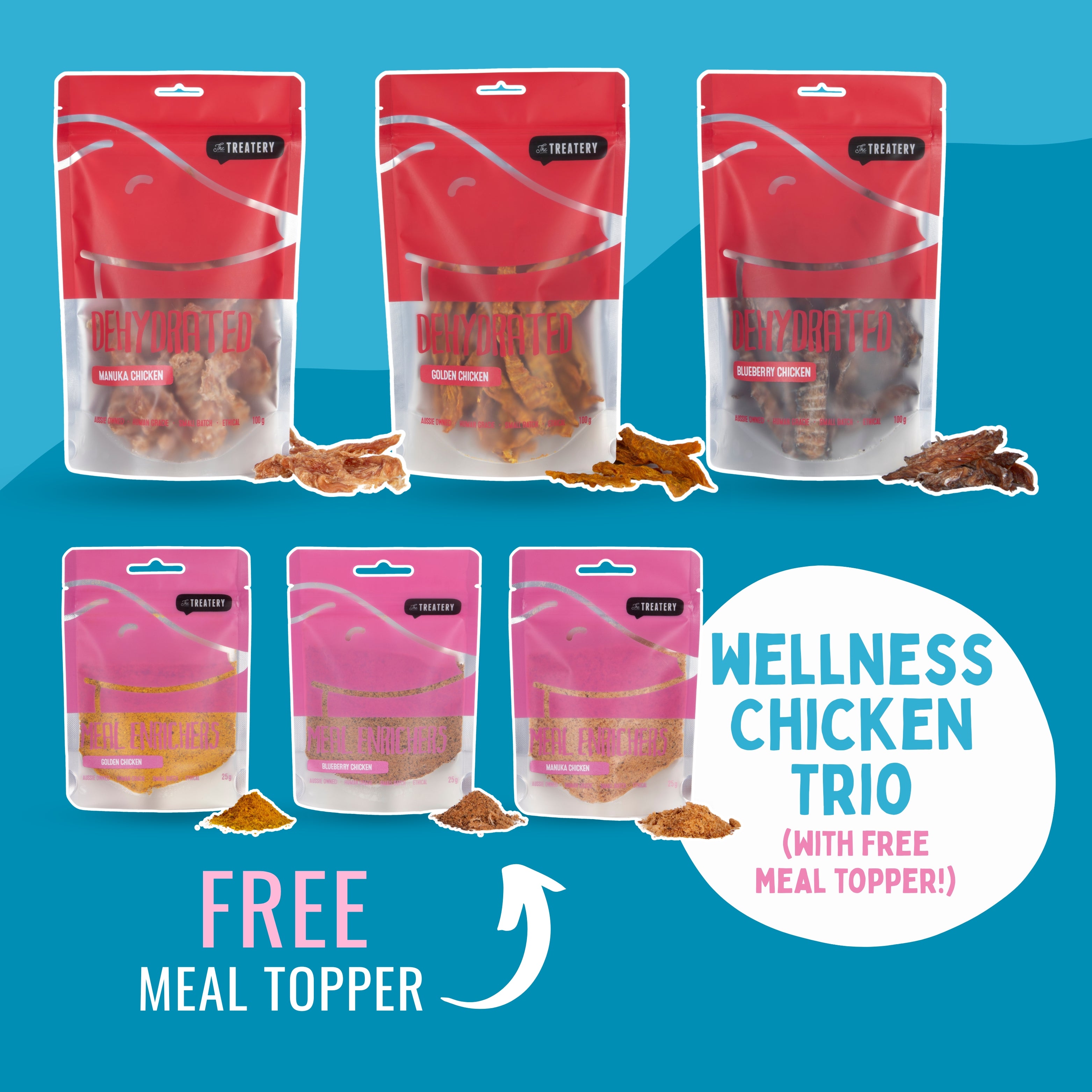 Chicken Jerky strips dog treat bundle with manuka honey turmeric and blueberry for immune health wellness and free meal topper