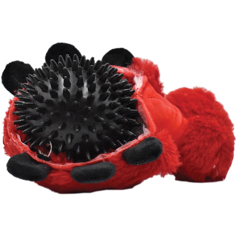 Inside view of Lady Bug Plush Dog Toy showing black spiky squeaker ball for dogs.