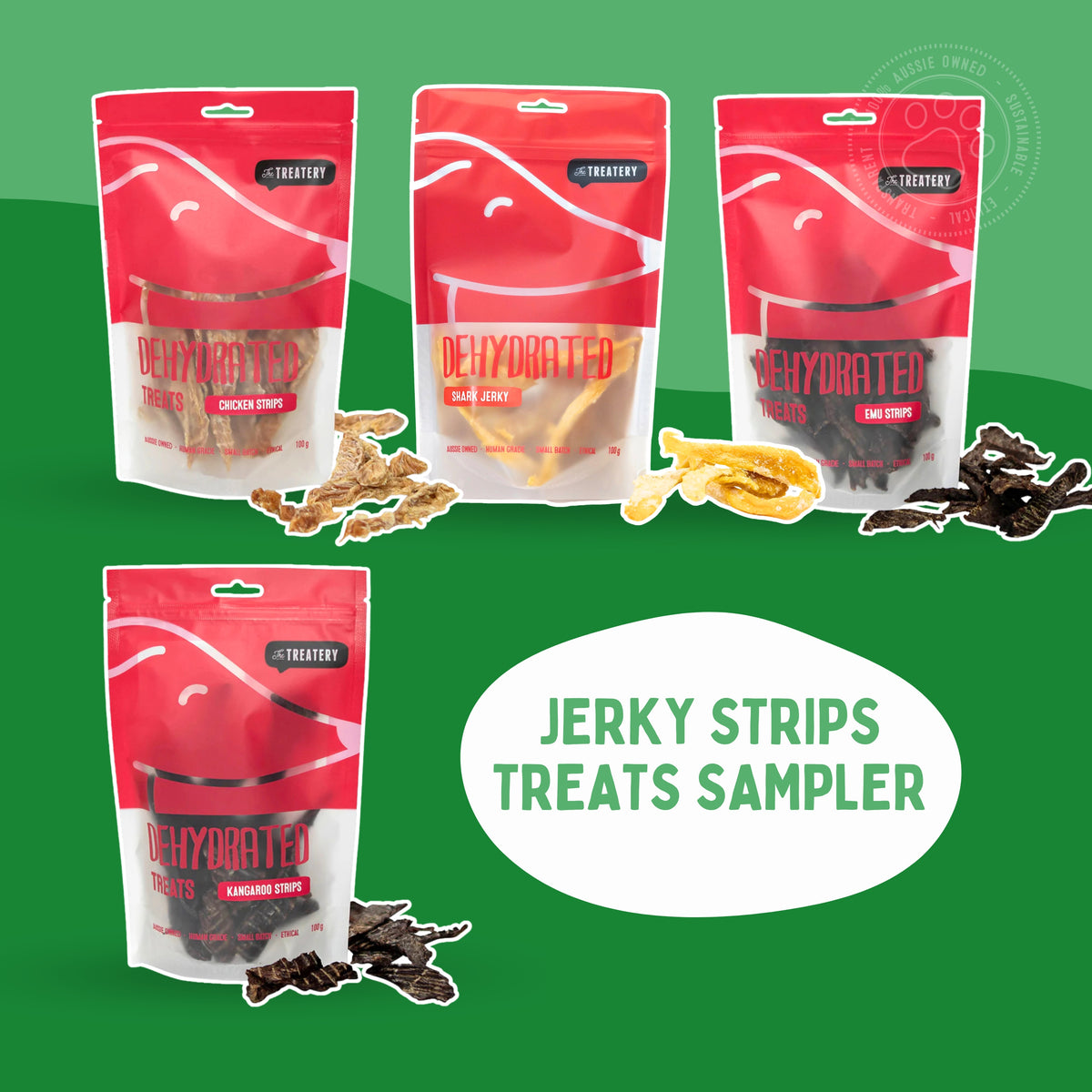 Jerky strips dog treat sampler with chicken shark emu and kangaroo dehydrated strips high protein snacks