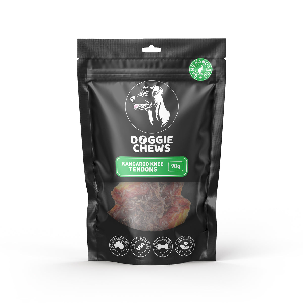 A packaged product labeled 'Doggie Chews' containing Kangaroo Knee Tendon Long Lasting Dog Chew