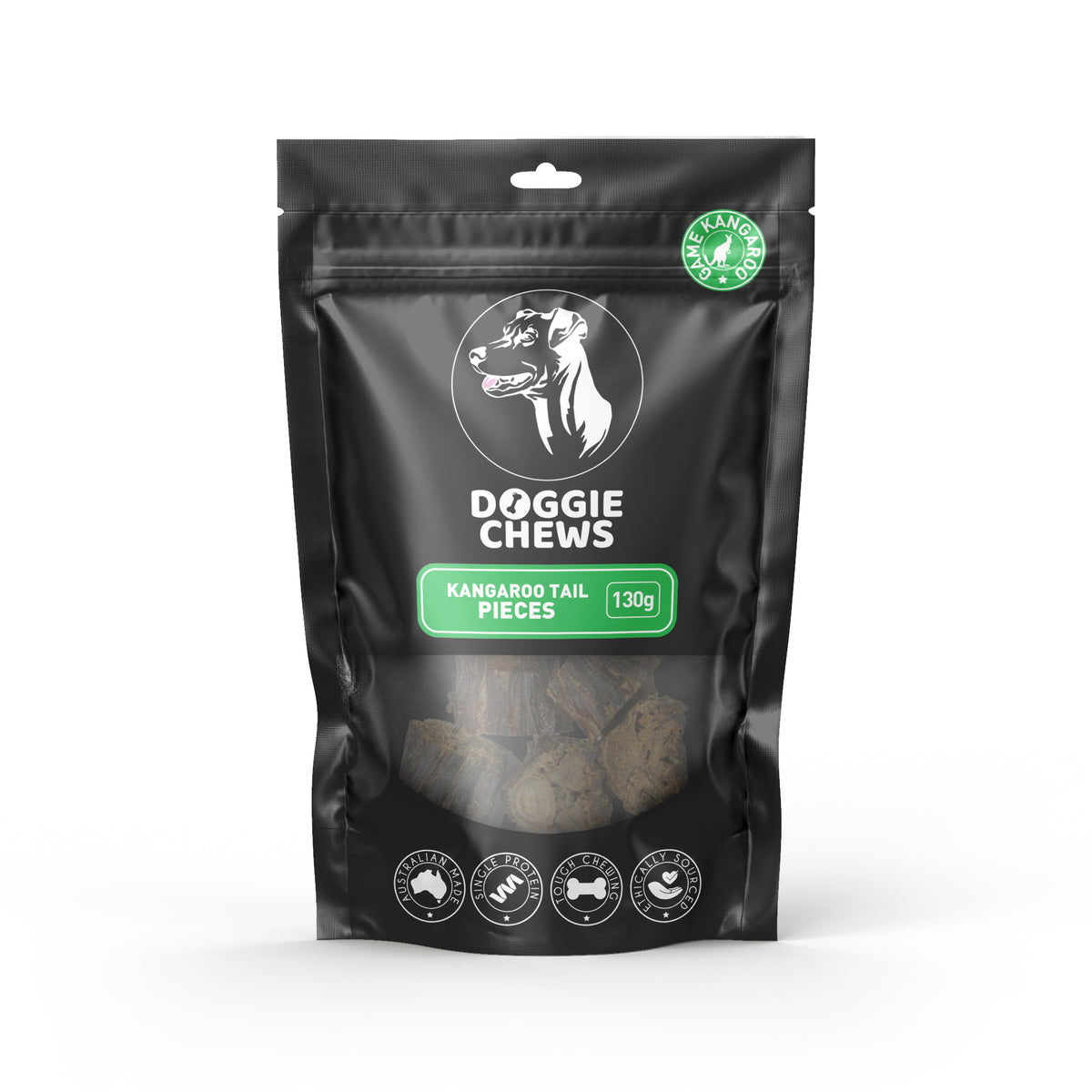 A black package of Kangaroo Tail Pieces dog treats from the brand DOGGIE CHEWS. The package is sealed and has a clear window showing the product inside.