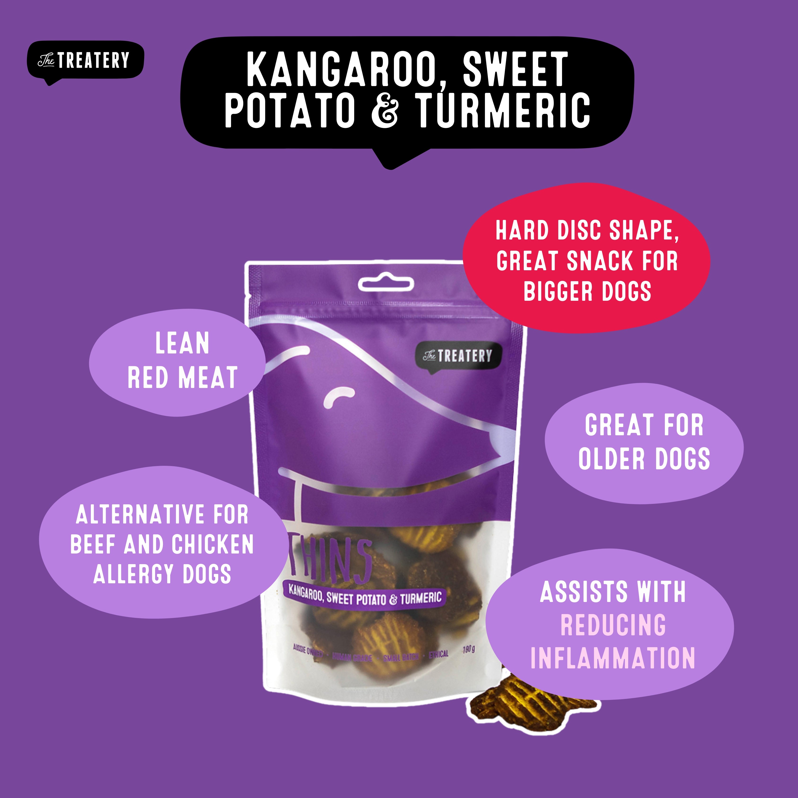 Kangaroo and sweet potato dog treats rich in protein and turmeric goodness.