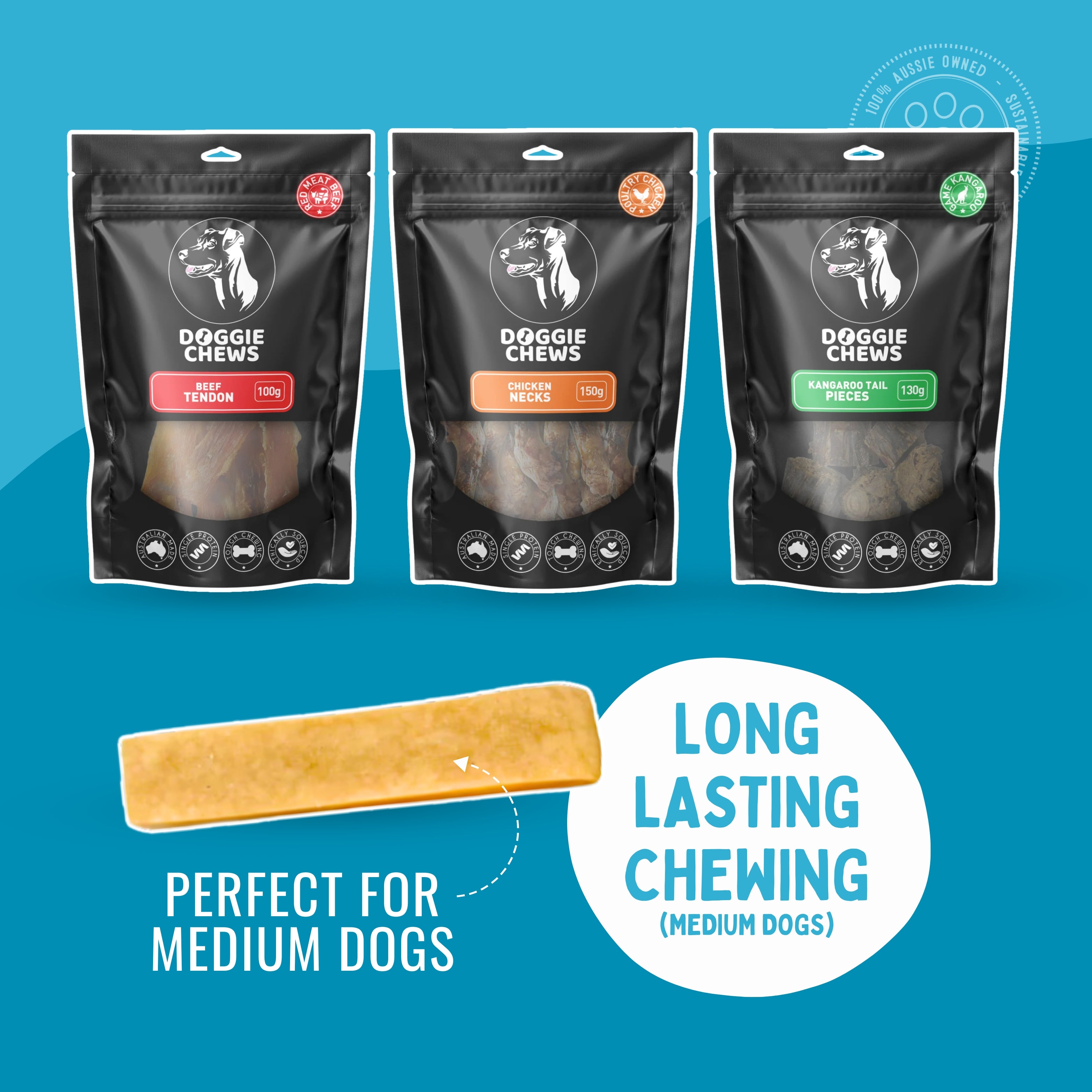 Long lasting chew bundle for medium dogs with beef tendon chicken necks and kangaroo tail pieces