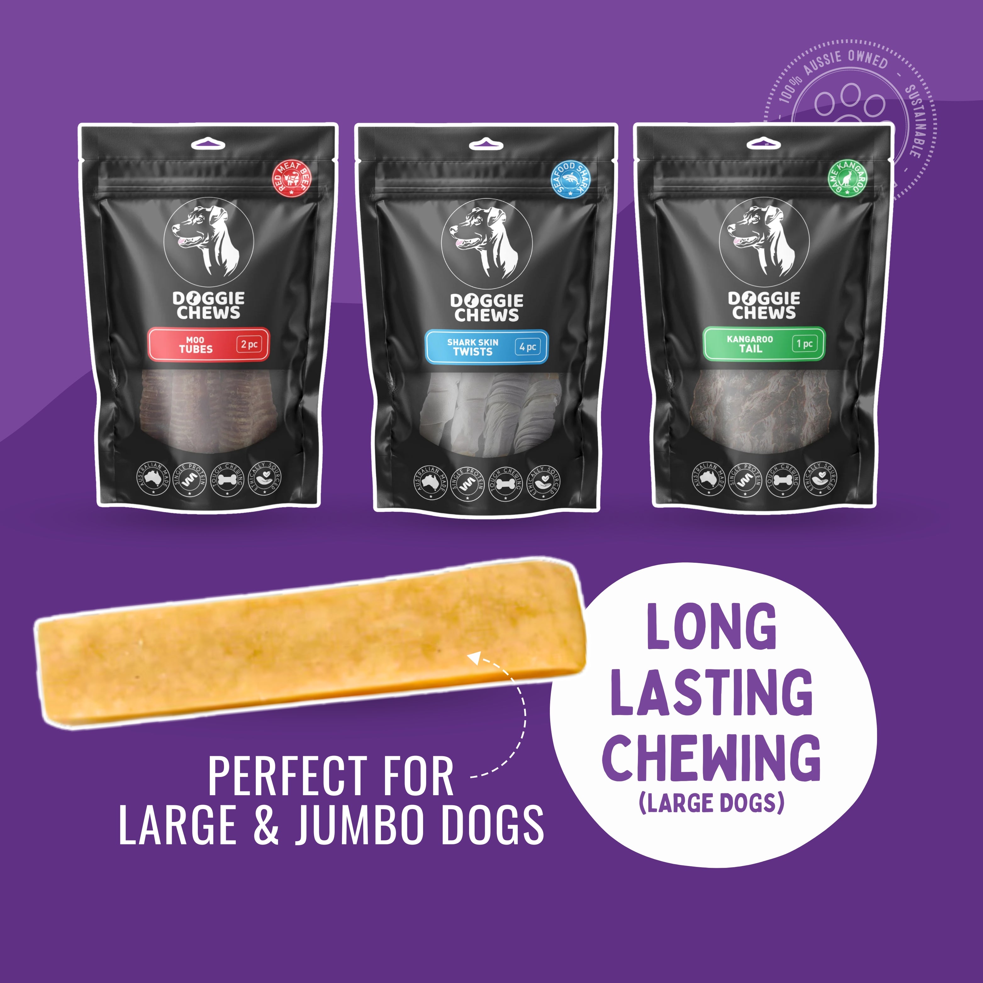 Long lasting chew bundle with moo tubes dental shark skin twists and kangaroo tail for large and jumbo dogs
