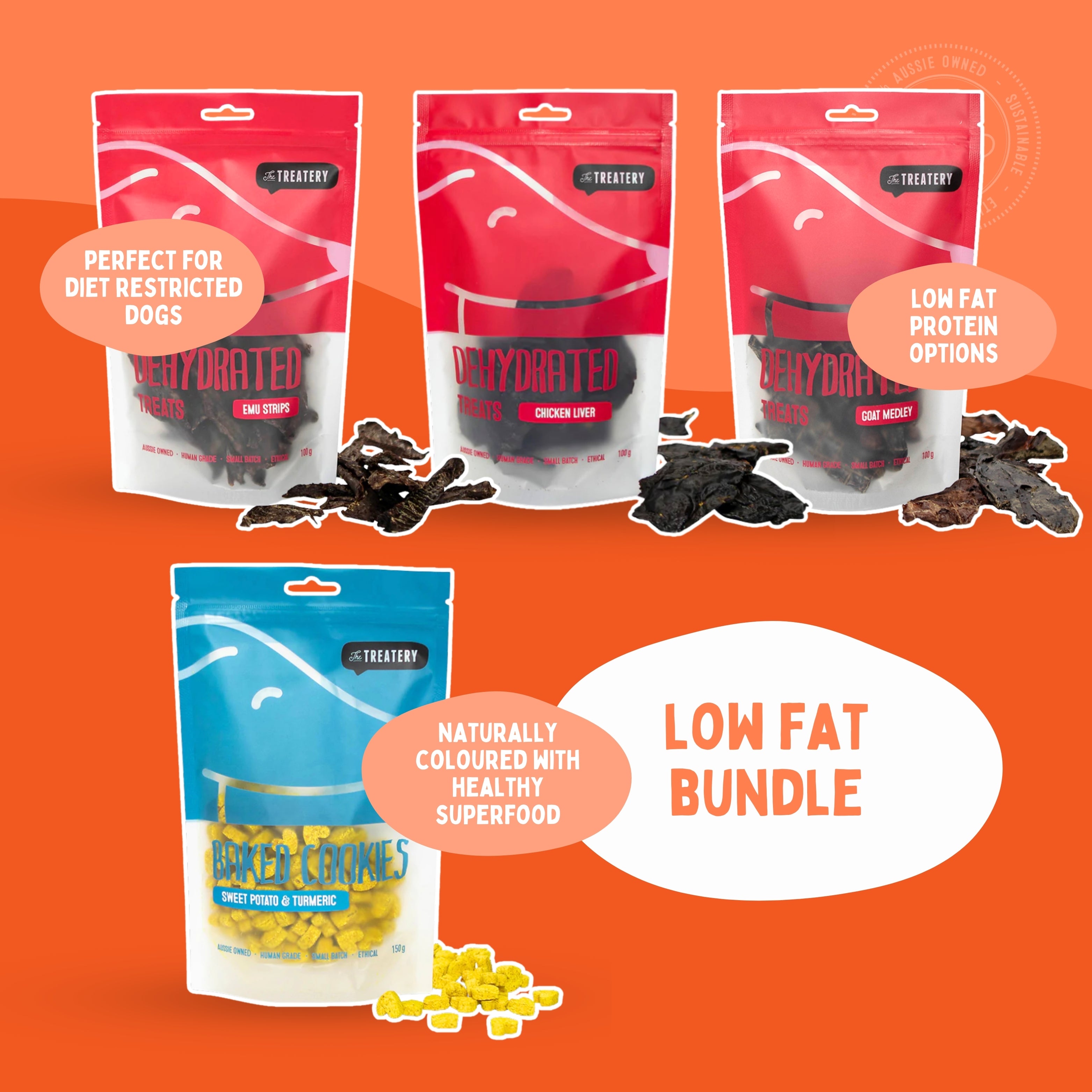 Low fat dog treat bundle with emu strips chicken liver goat medley and sweet potato turmeric cookies for dogs