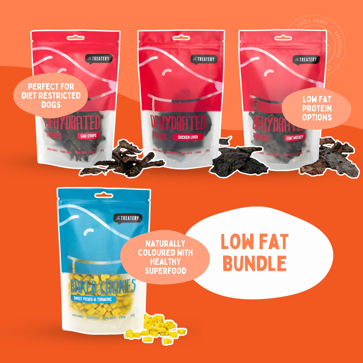 Low fat dog treat bundle with emu strips chicken liver goat medley and sweet potato turmeric cookies for dogs