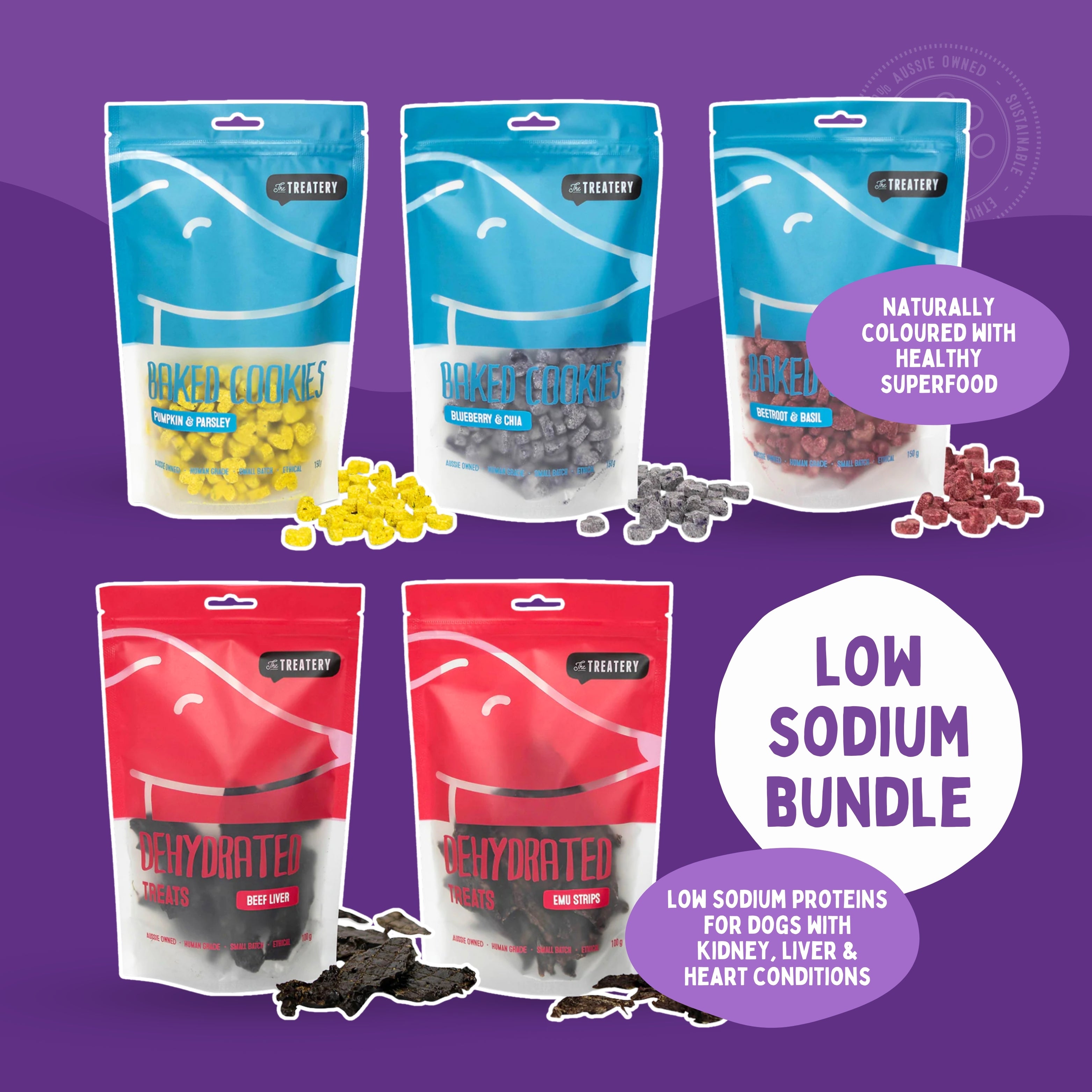 Low sodium dog treat bundle with baked cookies and dehydrated treats for kidney liver and heart health