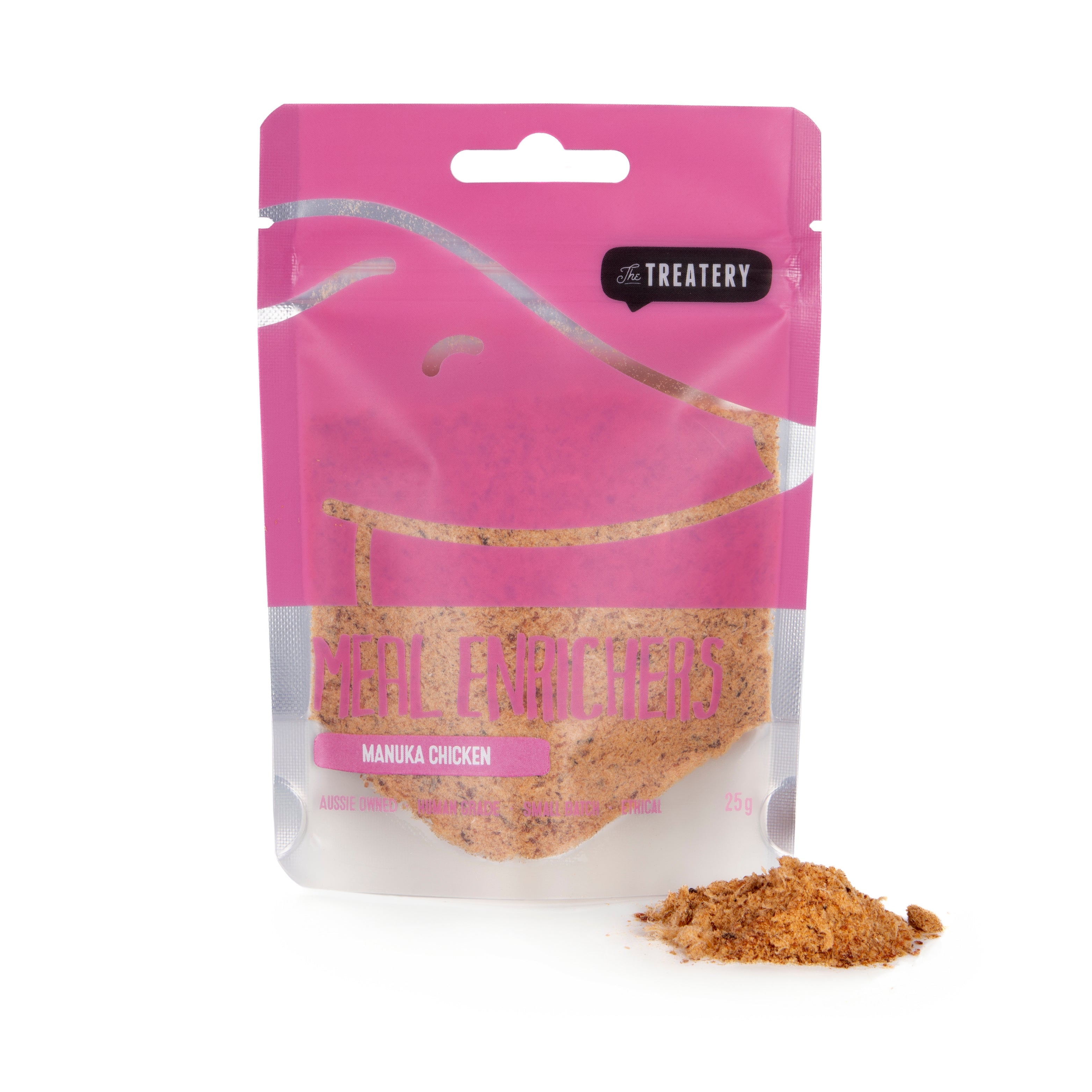 Pink package of Treatery Manuka Chicken with visible chicken pieces on a white background