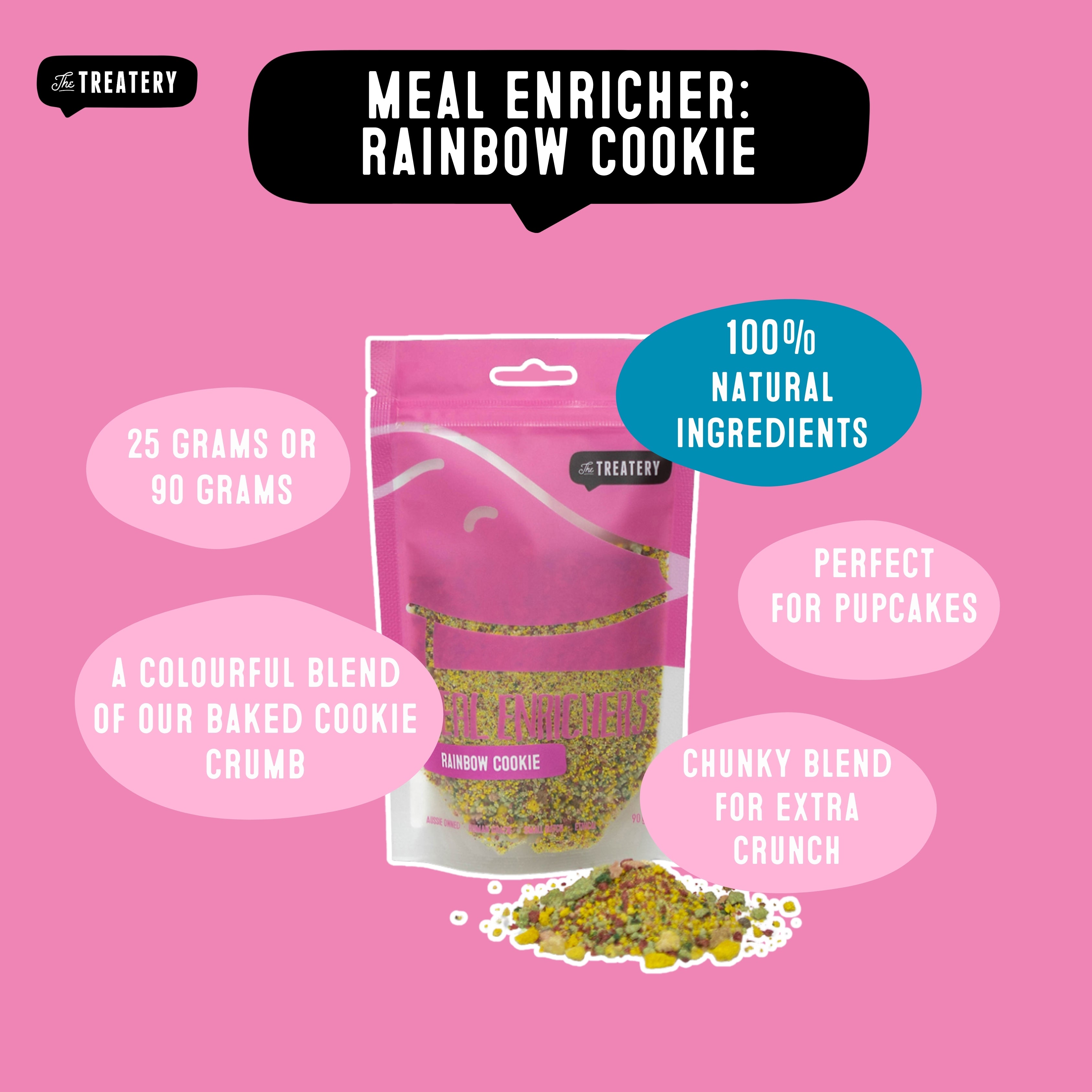 Meal enricher rainbow cookie blend for dogs made with 100 percent natural ingredients and crunch