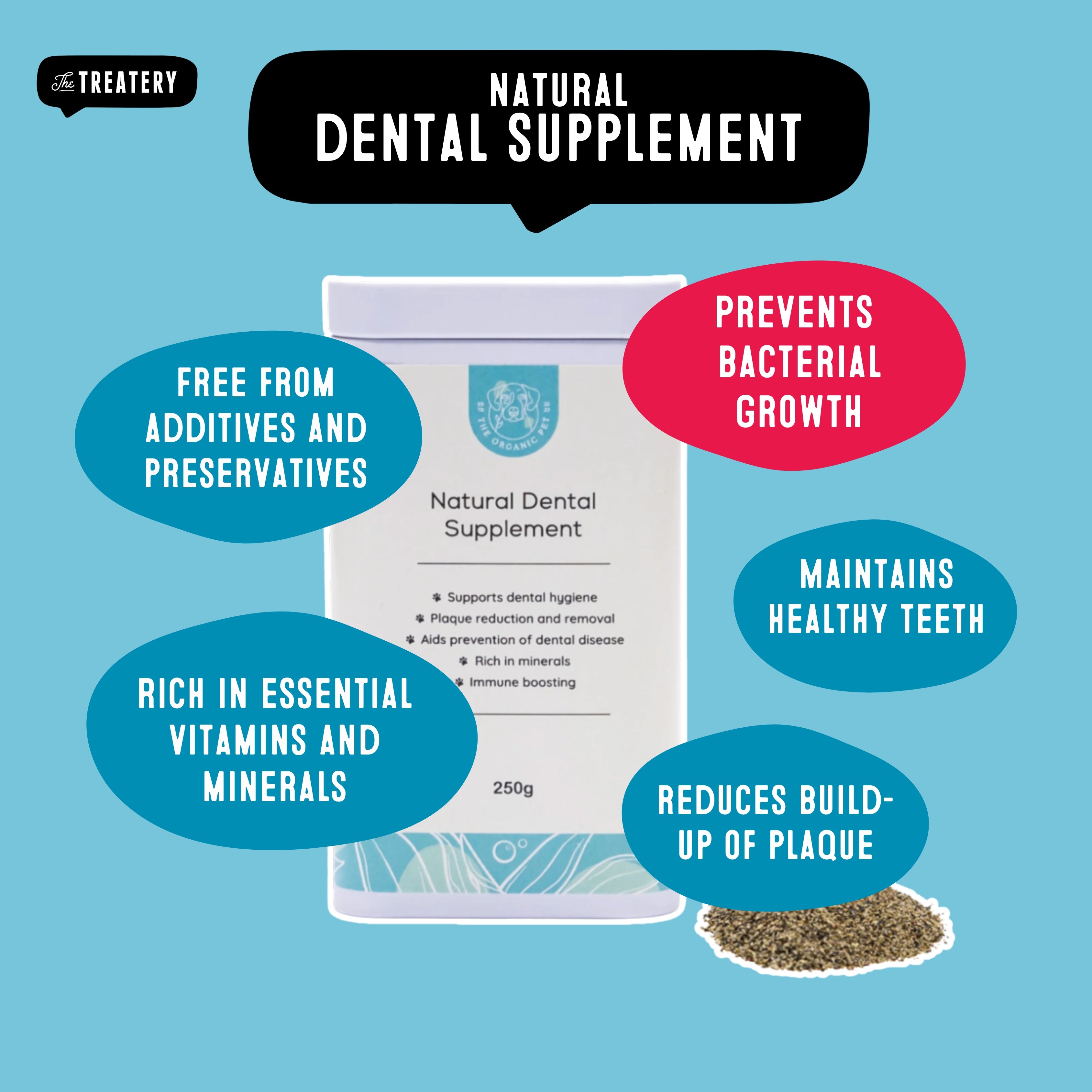 Natural dental health supplement highlights benefits plaque reduction and mineral rich formula
