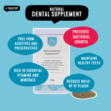 Natural dental health supplement highlights benefits plaque reduction and mineral rich formula