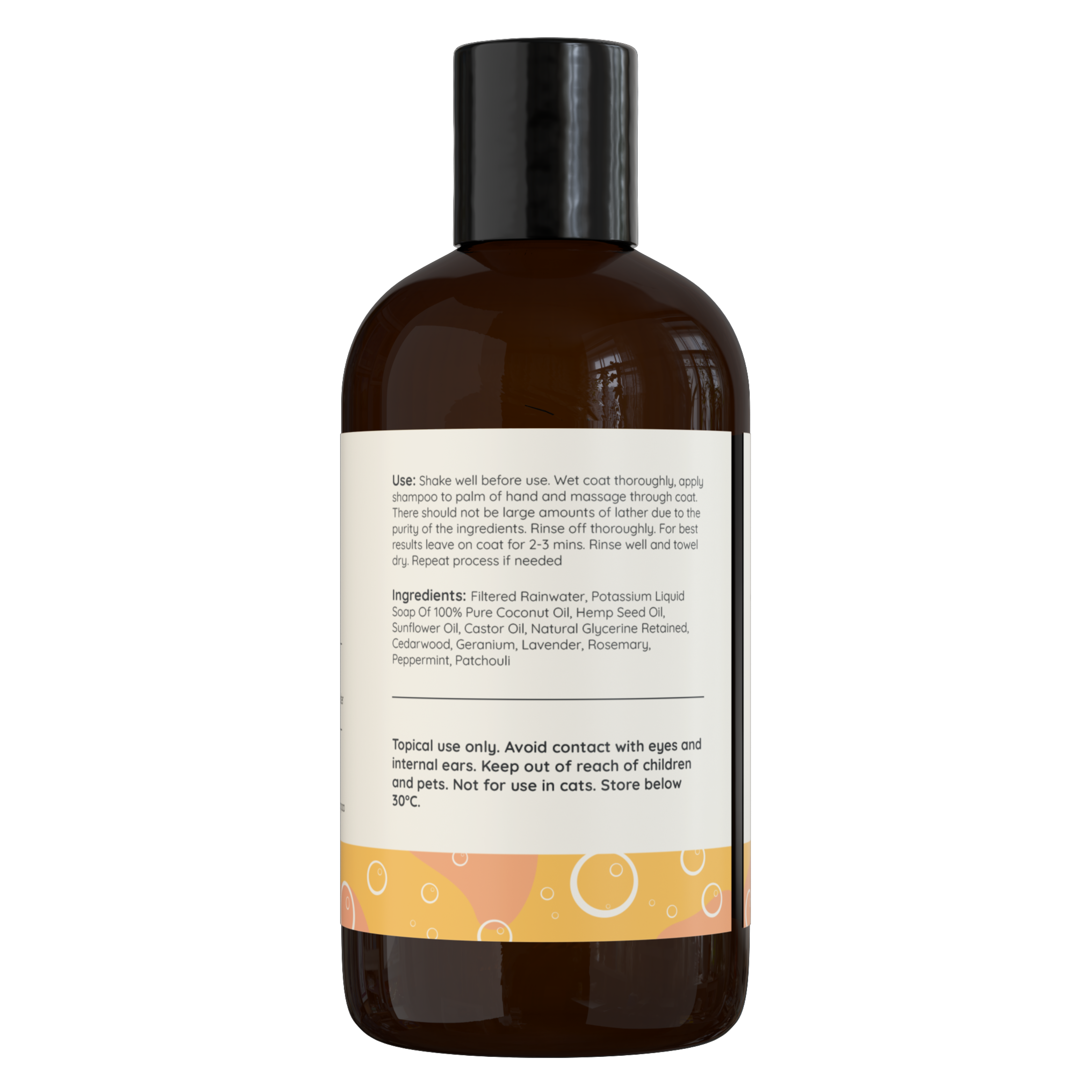 Natural dog shampoo ingredients including coconut oil hemp seed oil and lavender for calm clean coat.